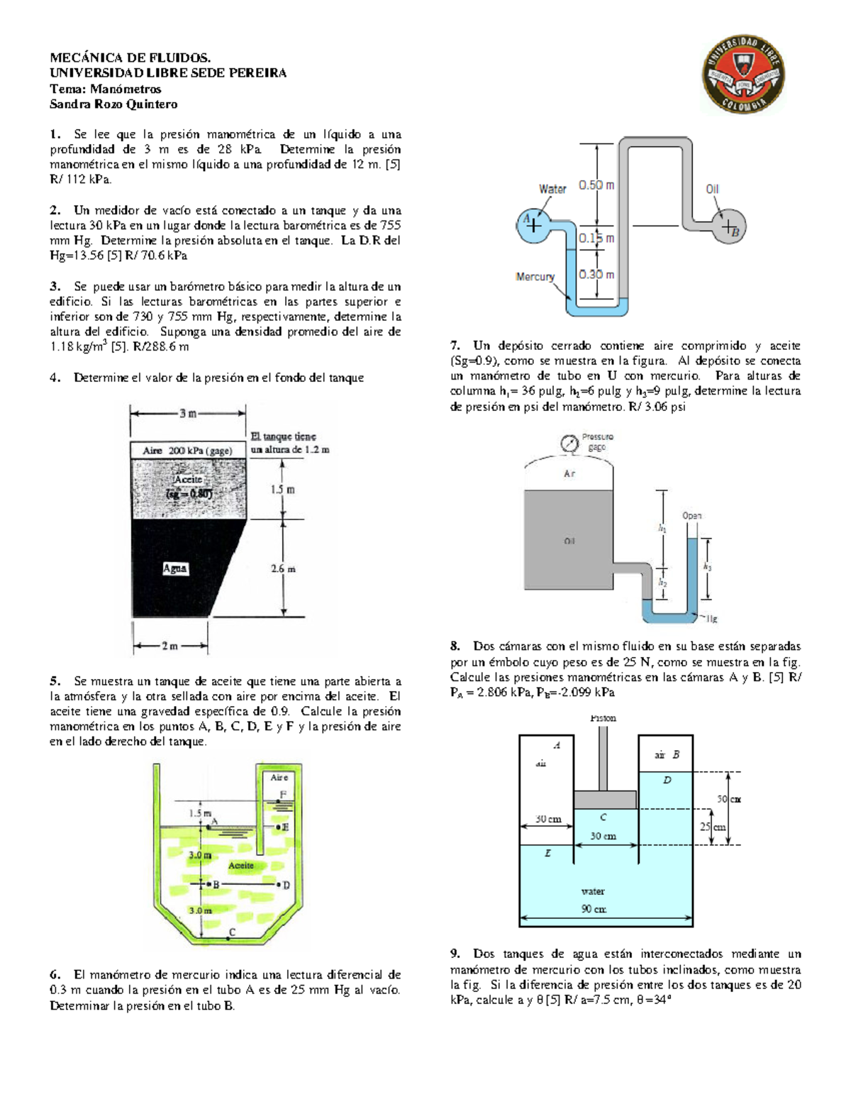 Problemas De Manometria - MECÁNICA DE FLUIDOS. UNIVERSIDAD LIBRE SEDE ...