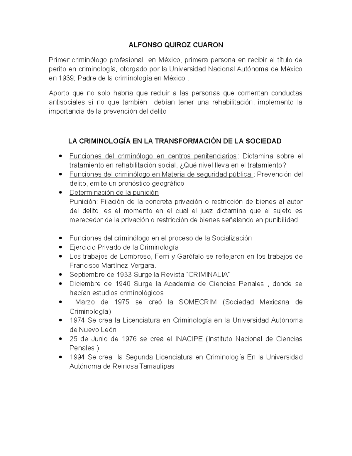 Alfonso Quiroz Cuaron - Apuntes 2 - ALFONSO QUIROZ CUARON Primer  criminólogo profesional en México, - Studocu