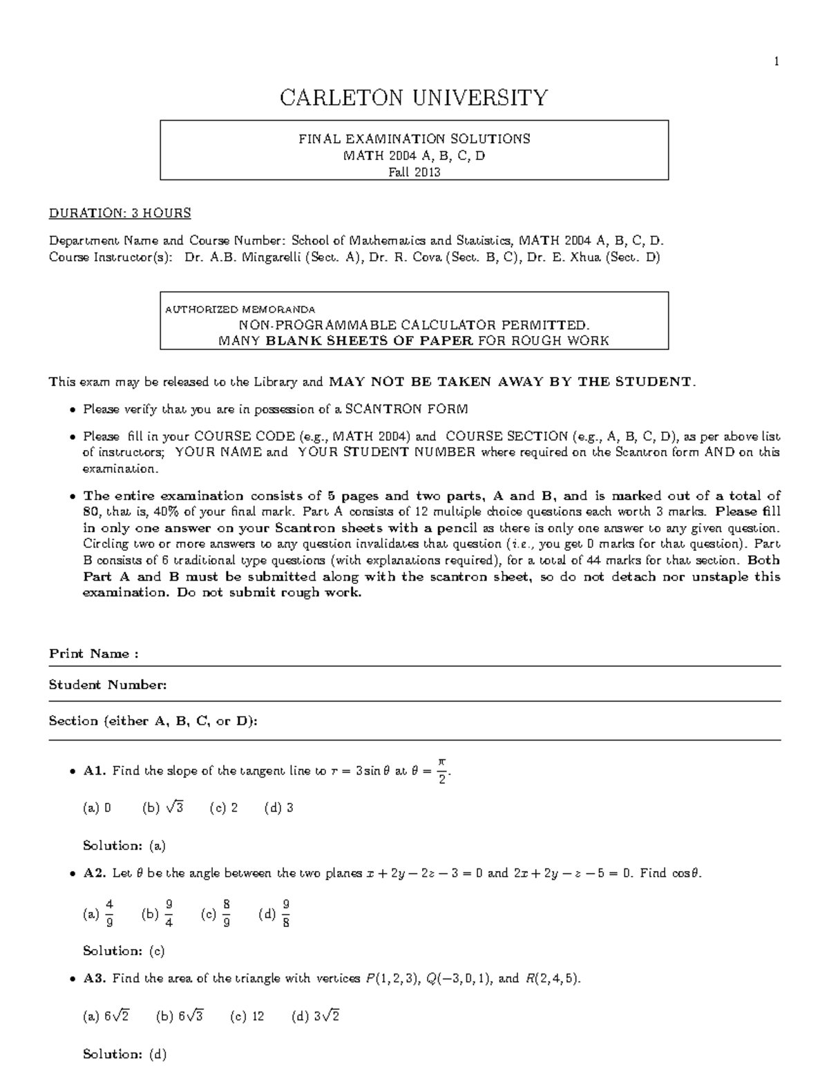 Final Exam 22 December 2013, questions - 1 CARLETON UNIVERSITY FINAL ...