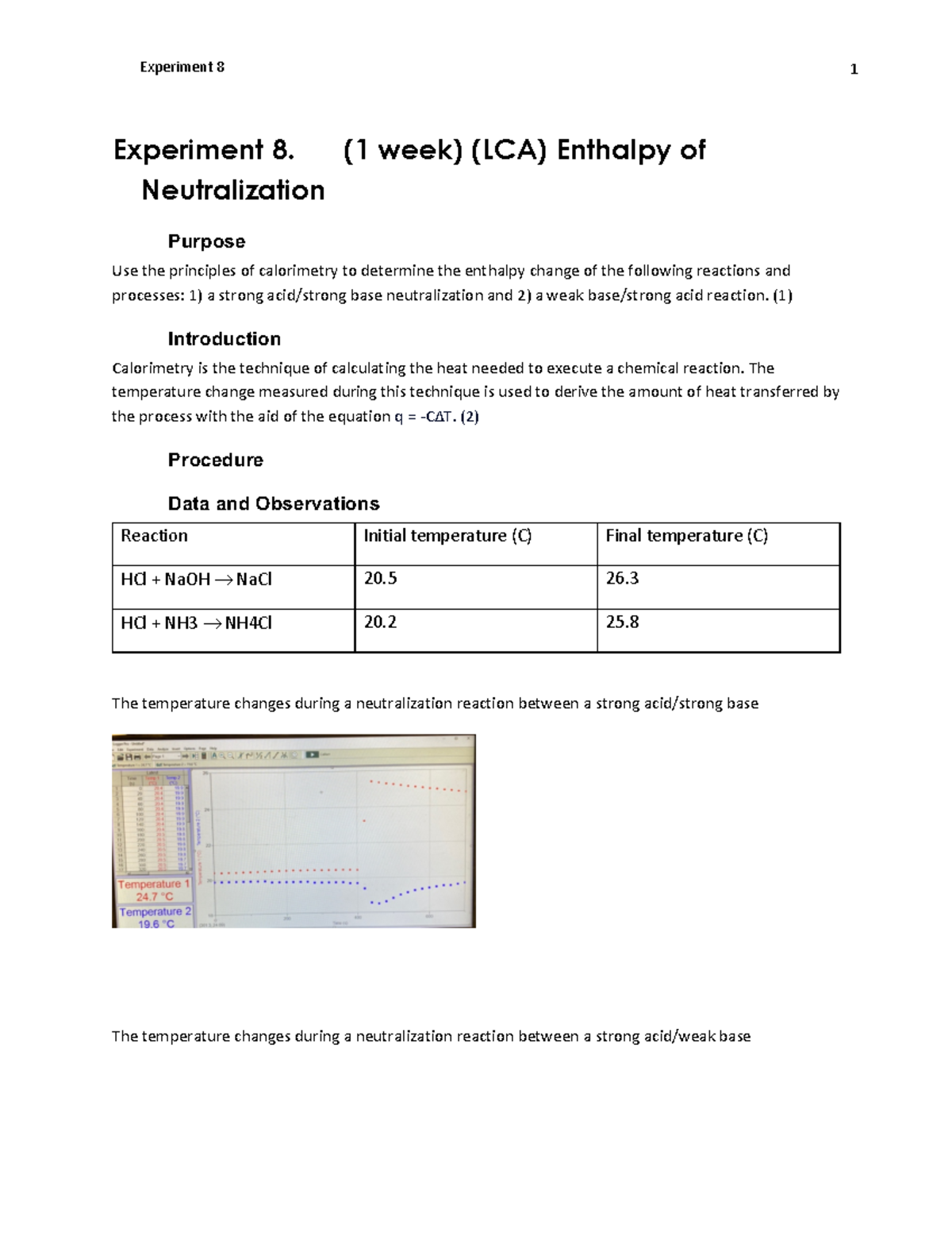 Enthalpy of neutralization lab Experiment 8. ( 1 week) (LCA) Enthalpy