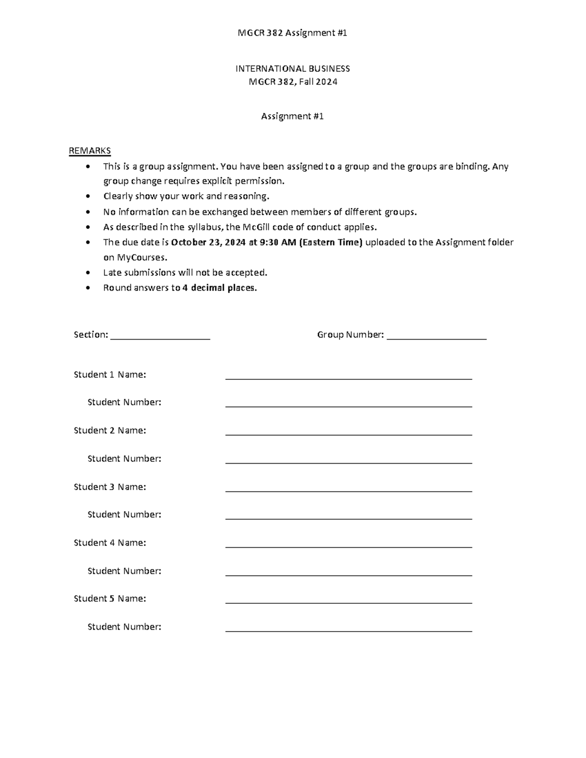IB Assignment 1 Fall 2024 Solutions, Problem set - INTERNATIONAL ...