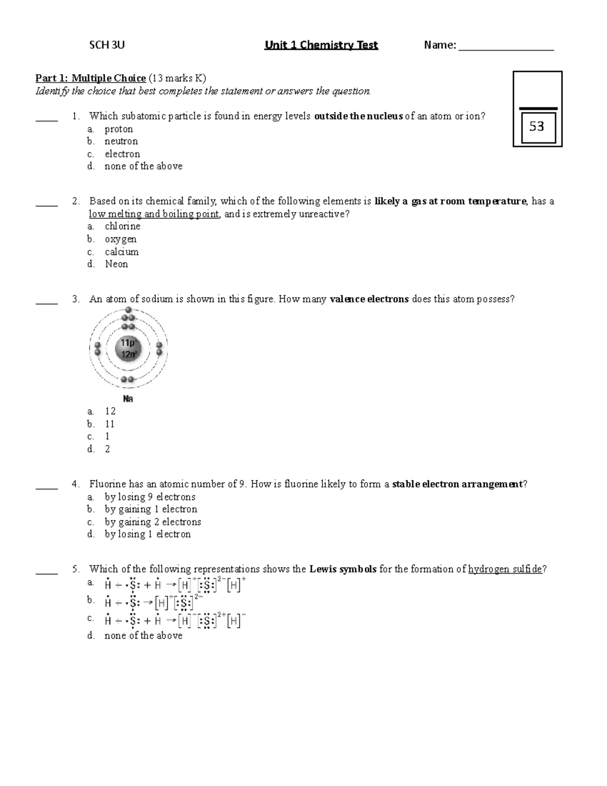 Unit 1 Chemistry Test - Basics Of Chemical Reactions - SCH 3U Unit 1 ...