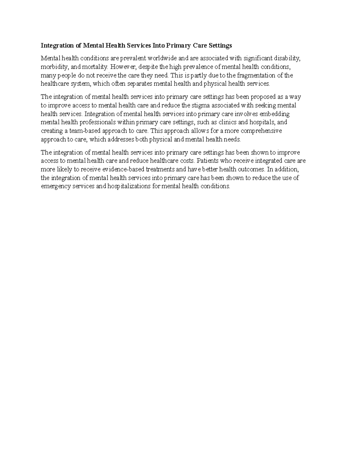 Integration of Mental Health Services Into Primary Care Settings ...