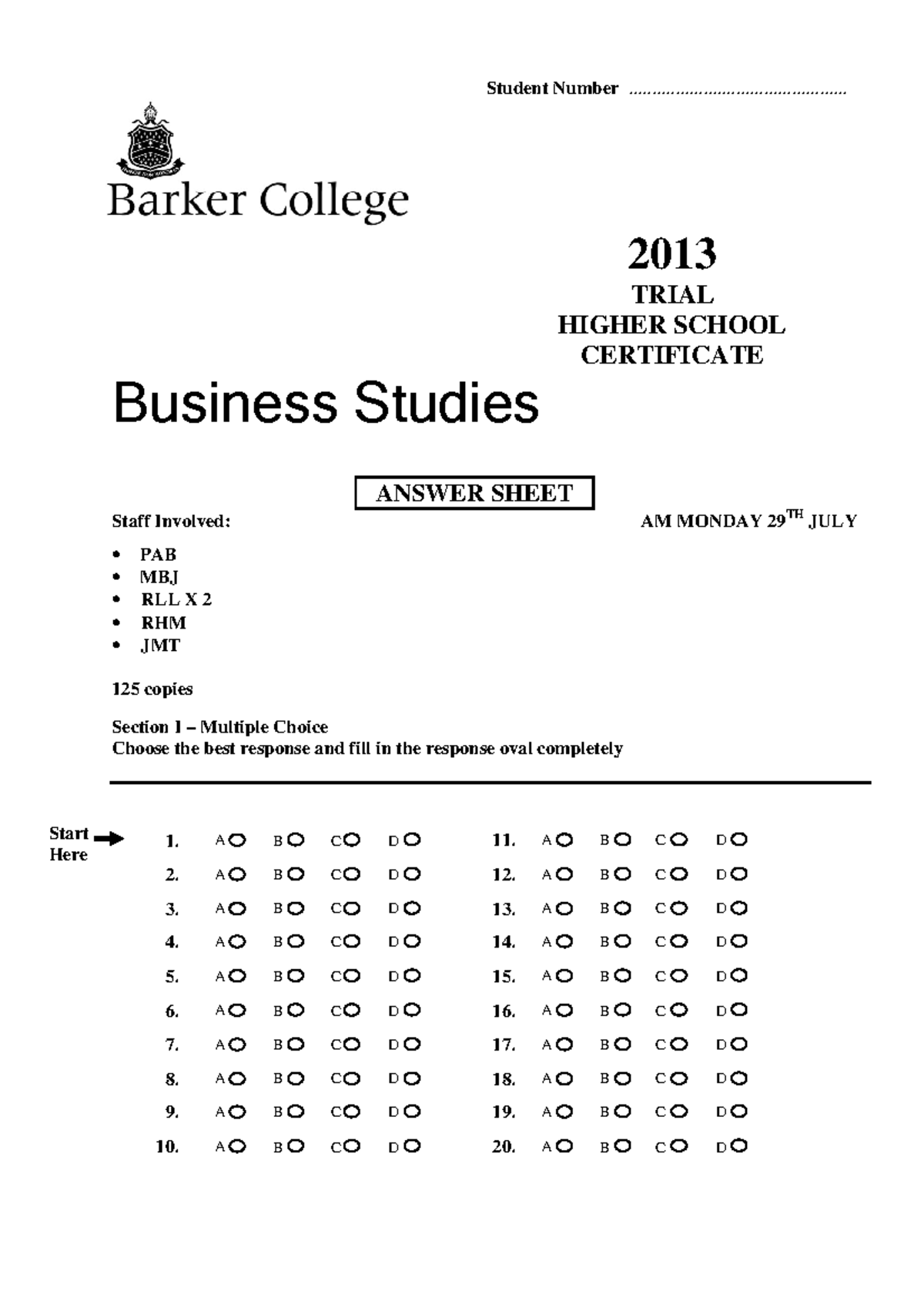 Barker 2013 Business Studies Trials & Solutions - Student Number - Studocu