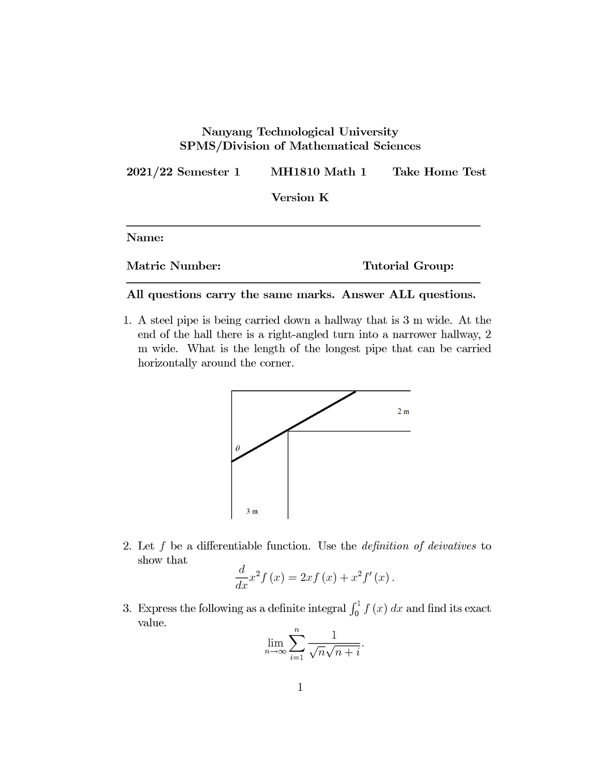 MH1810 Take Home Test 2021 Version K With Cover - Nanyang Technological ...