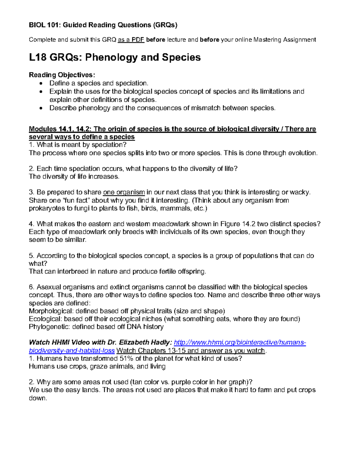 Lesson 18 GRQs Species, Biodiversity and Phenology BIOL 101 Guided