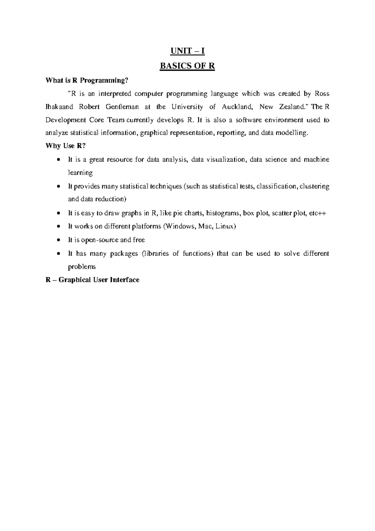 Unit - I - R - R programming - UNIT – I BASICS OF R What is R ...