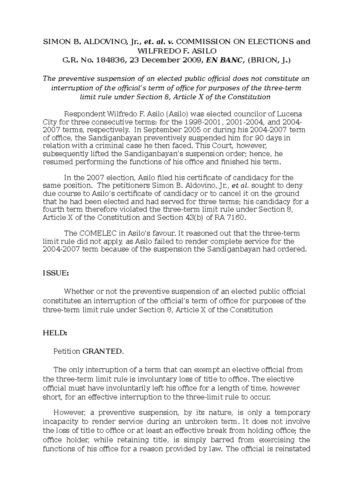 Aldovino v Comelec Case Digest SIMON B. ALDOVINO, Jr., et. al. v