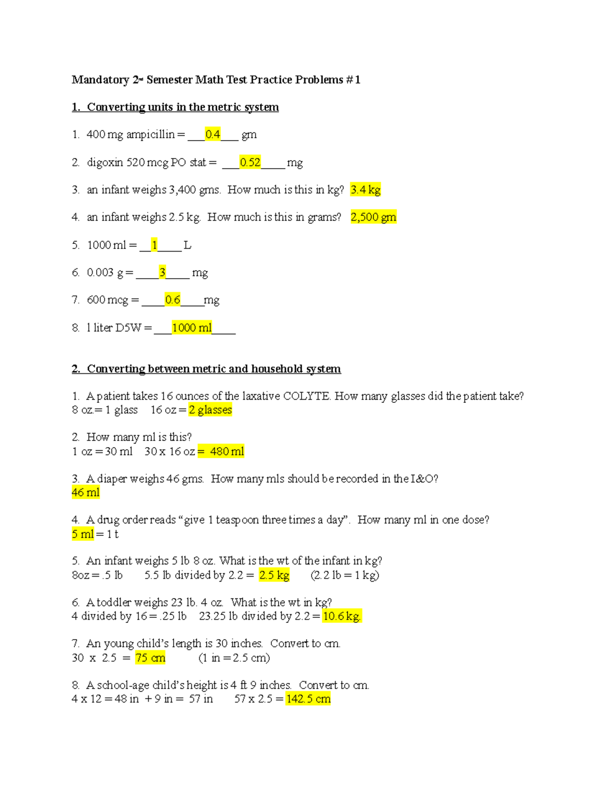 Mandatory 2nd Semester Math Test Practice Problems - 400 mg ampicillin ...