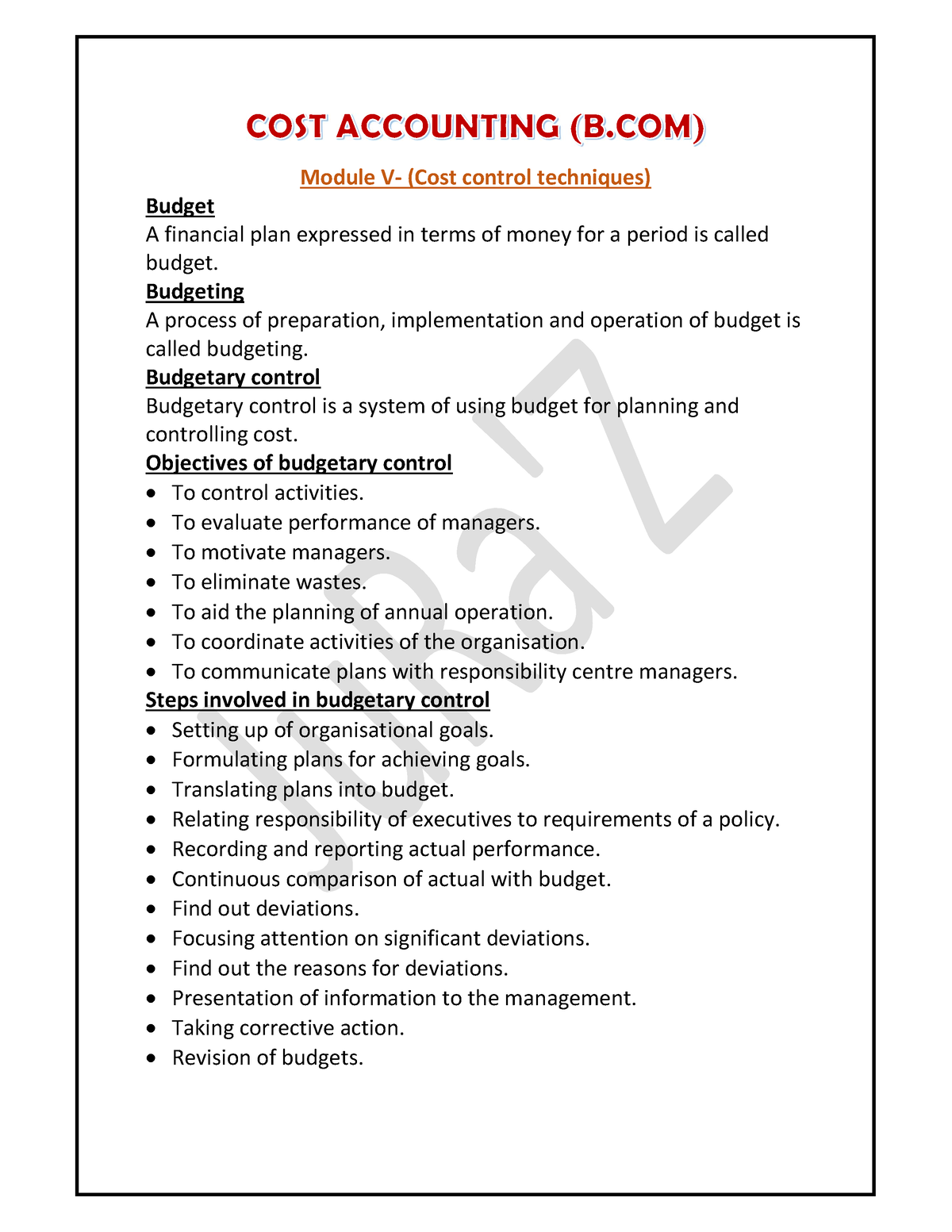 Cost Accounting- Bcom- Module V - Module V- (Cost Control Techniques ...