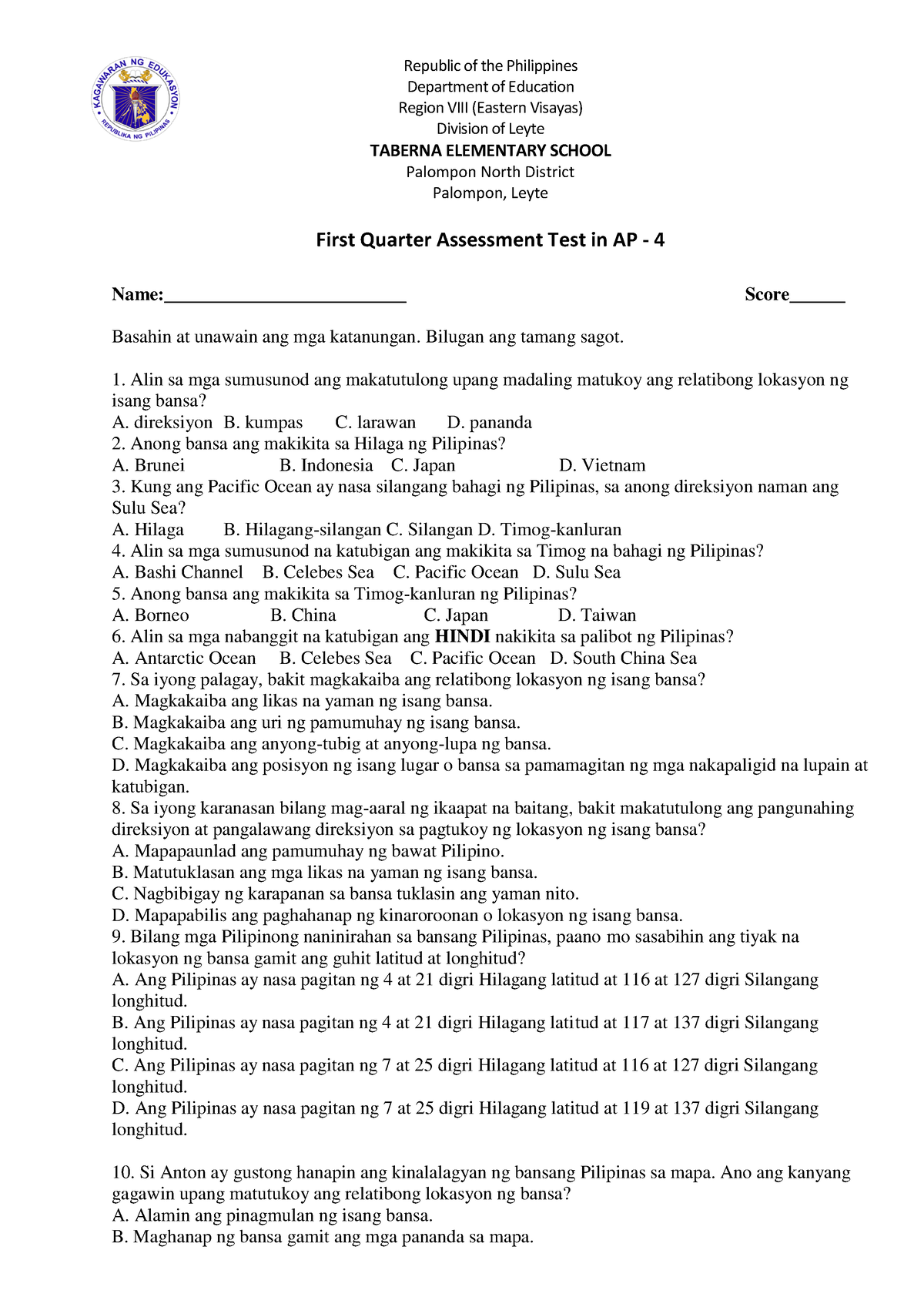 Quarter 1 Àssessment Test Ap 4 V3 Republic Of The Philippines Department Of Education Region