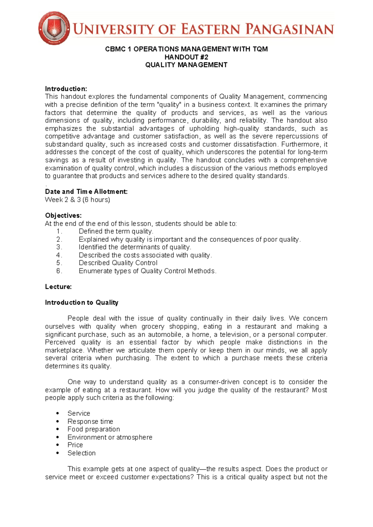 Handout-2 - Hand out - CBMC 1 OPERATIONS MANAGEMENT WITH TQM HANDOUT ...