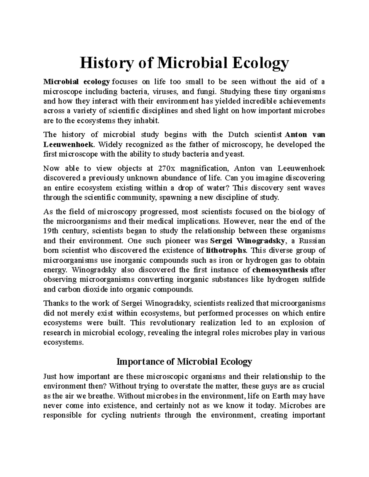 History of Microbial Ecology History of Microbial Ecology Microbial