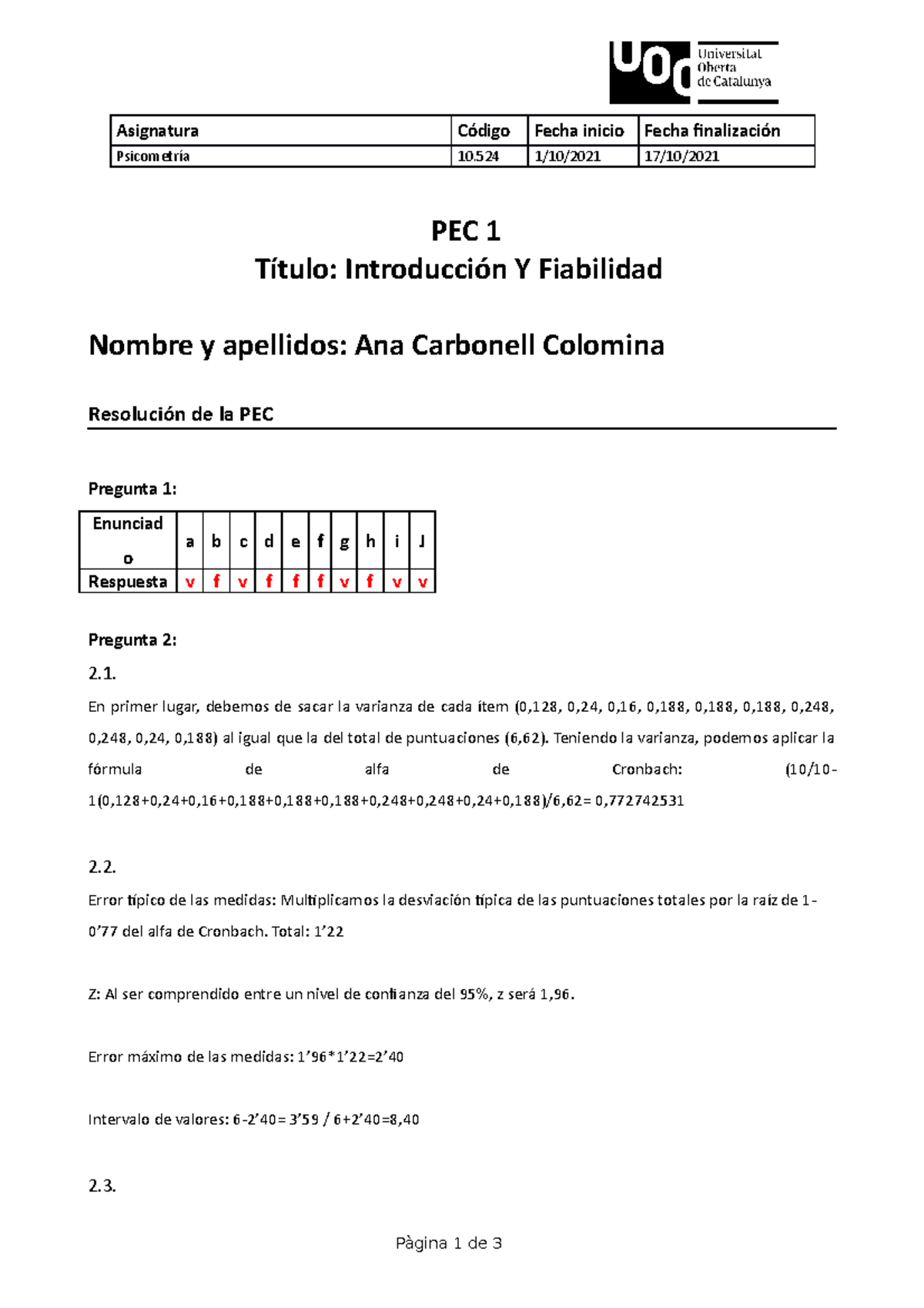PEC 1 de Psicometría con nota A - UOC - Studocu