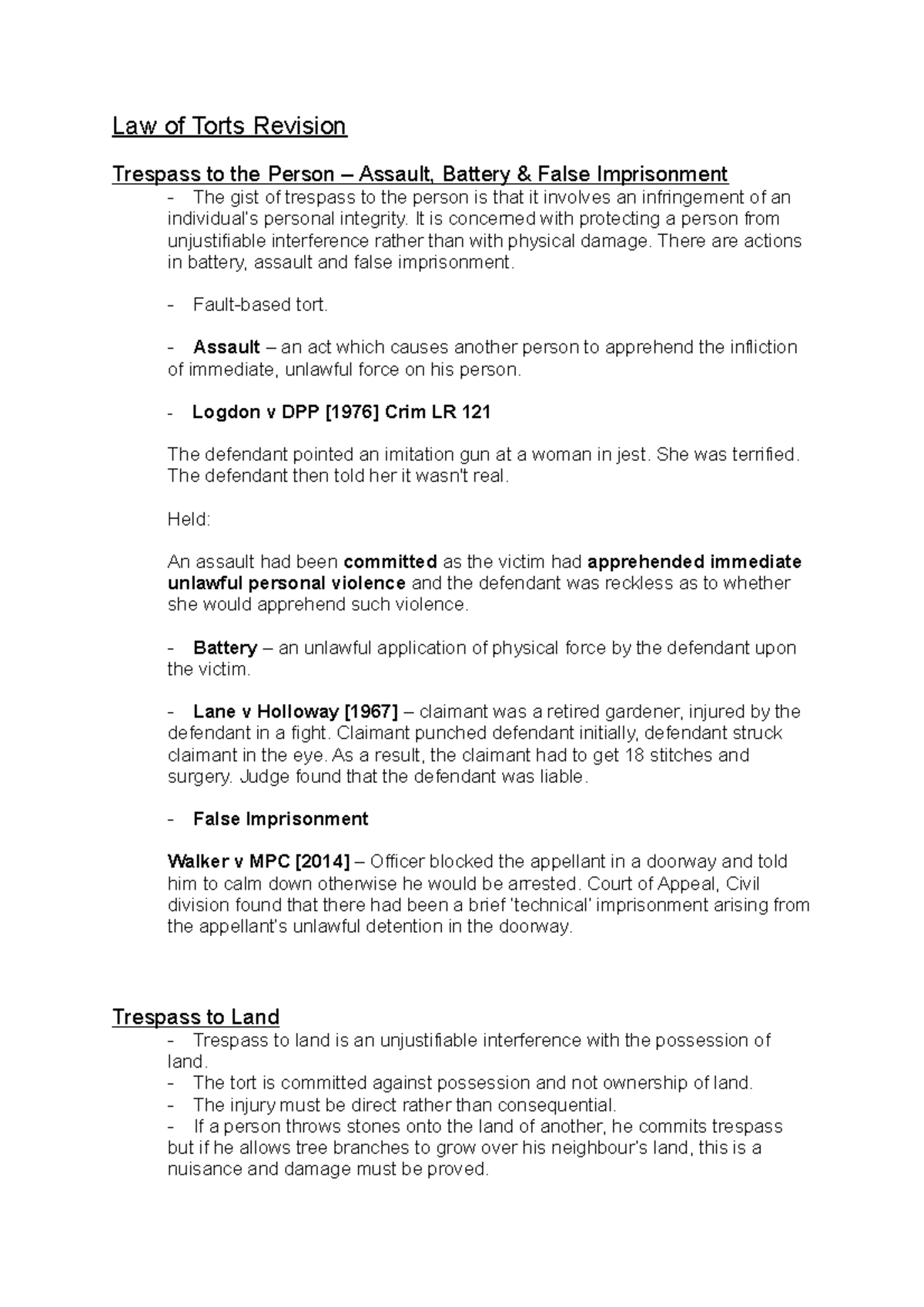 Tort law - Lecture notes 1 - Law of Torts Revision Trespass to the ...