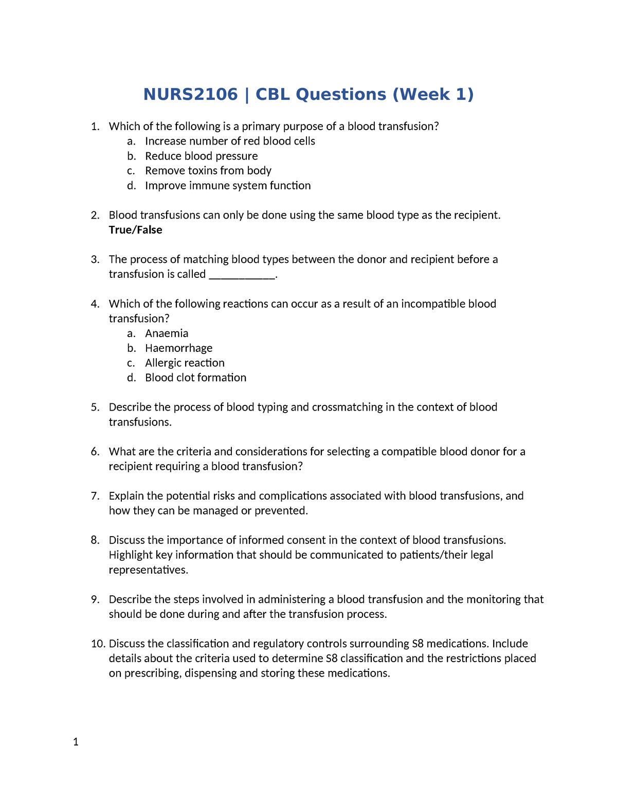 Nurs2106 Cbl Questions Week 1 Nurs2106 Cbl Questions Week 1