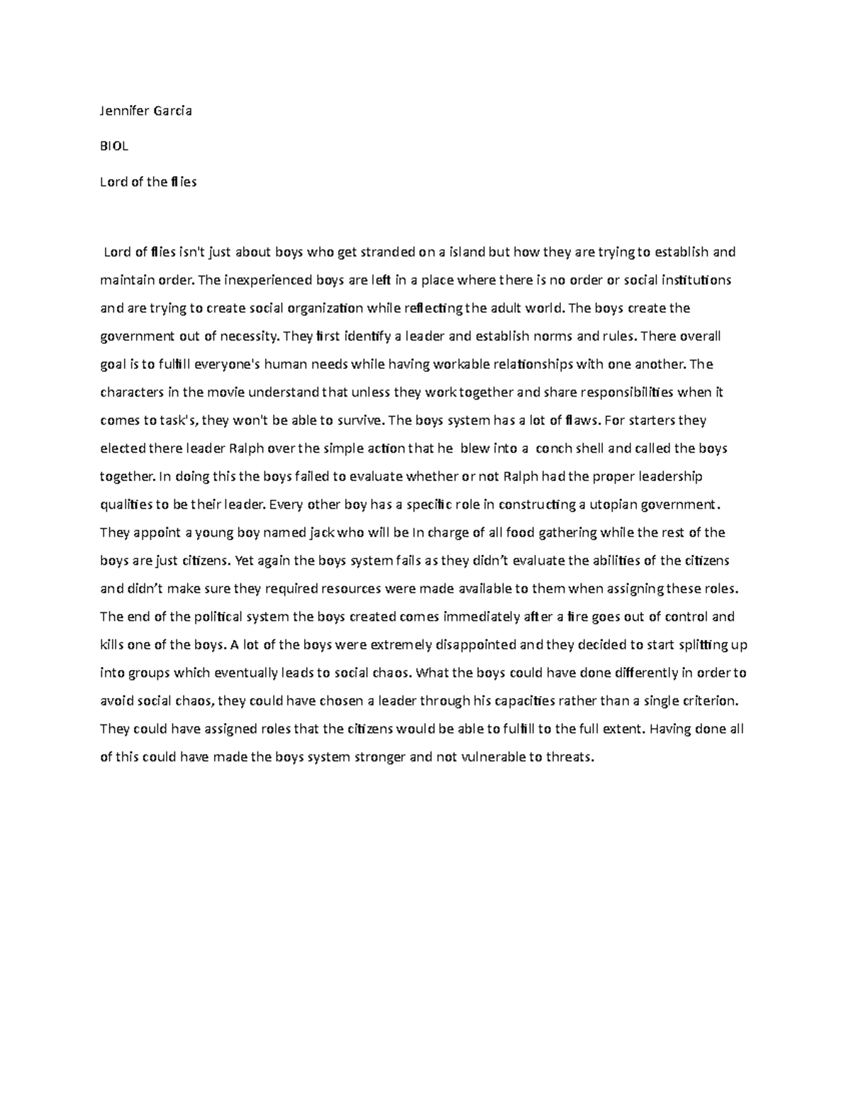 Document 54 Lord Of The Flies Summary Biol 277 - 