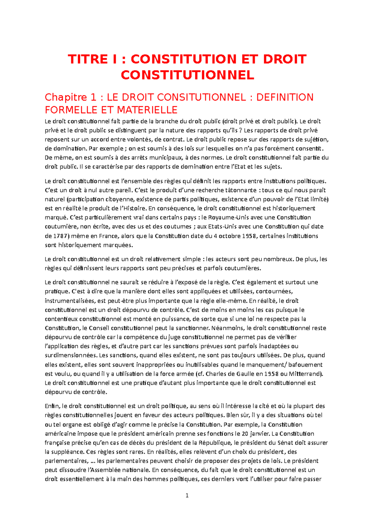 1ere Partie Droit Constit Cm - TITRE I : CONSTITUTION ET DROIT ...