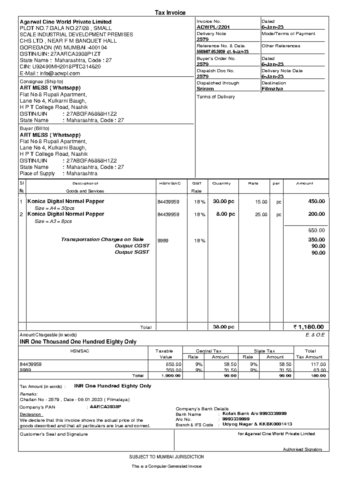 ART MESS ( Whatsapp) 2201 - Tax Invoice Agarwal Cine World Private ...