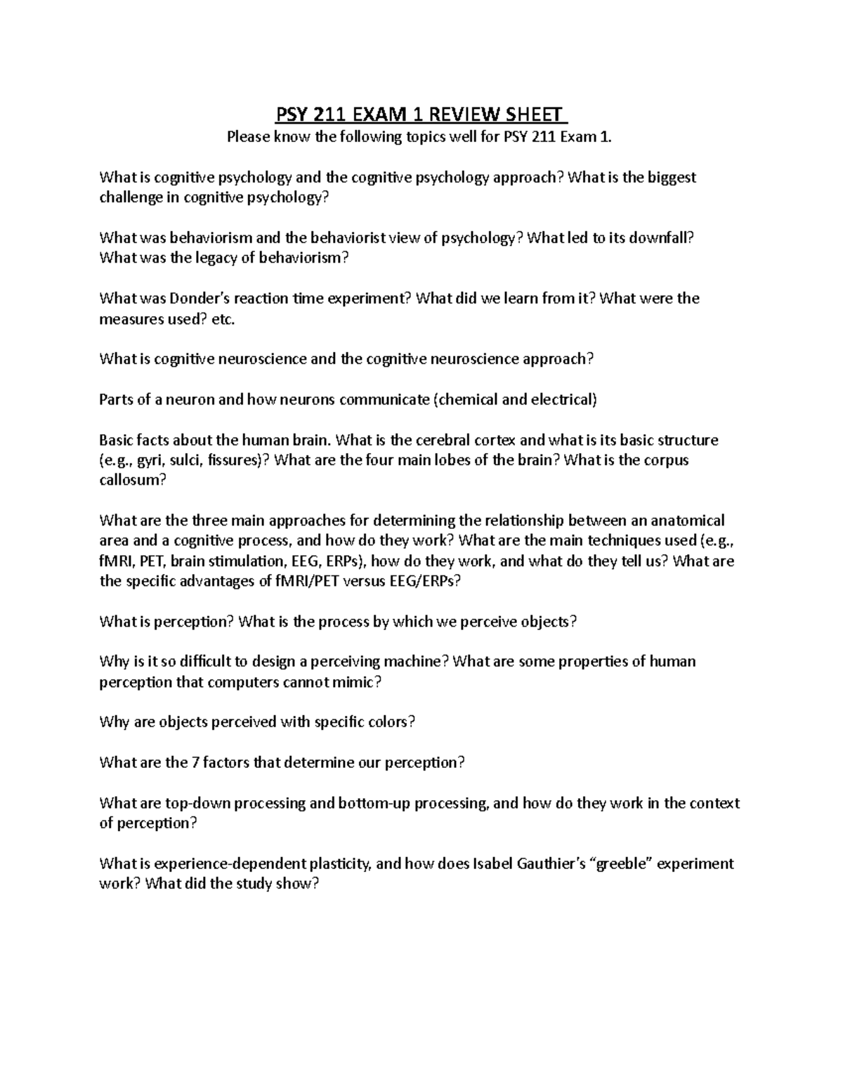 PSY 211 Exam 1 Review Sheet - PSY 211 EXAM 1 REVIEW SHEET Please know ...