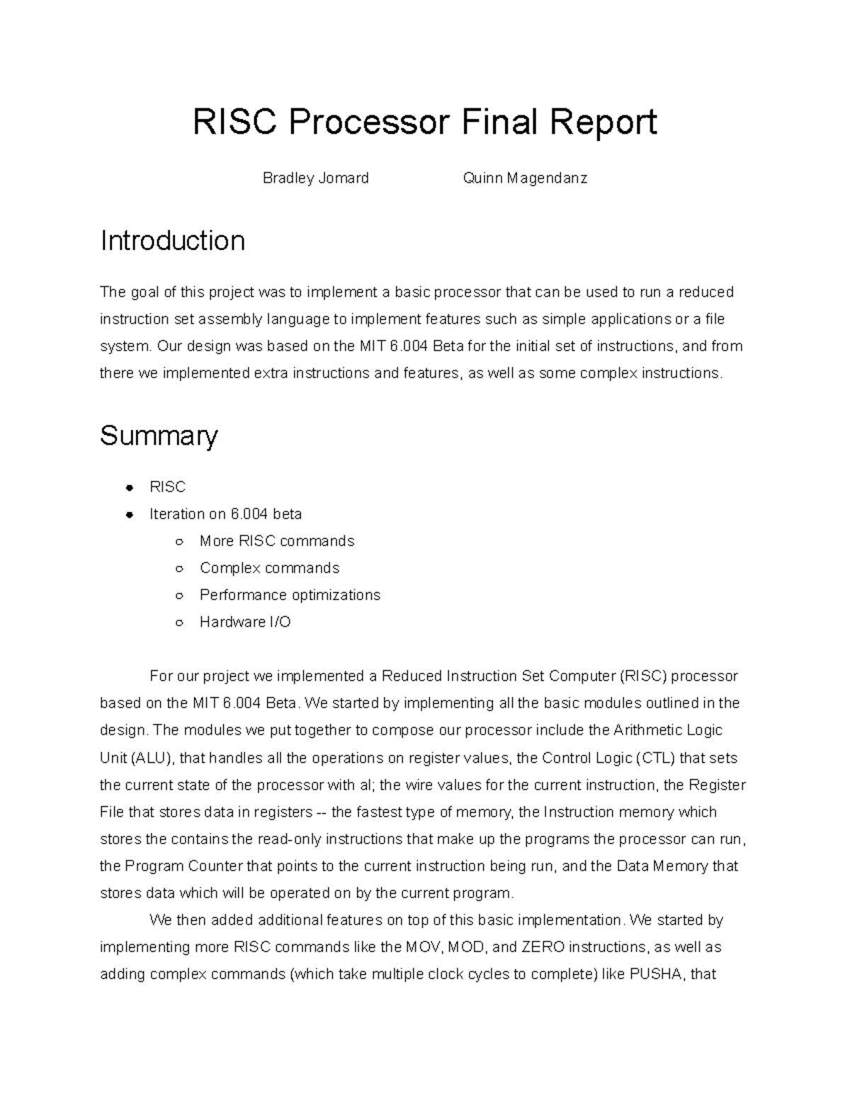 Bjomard Project Final Report - RISC Processor Final Report Bradley ...