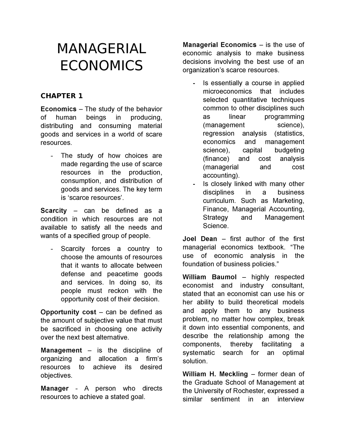 Managerial Economics - Notes - MANAGERIAL ECONOMICS CHAPTER 1 Economics ...