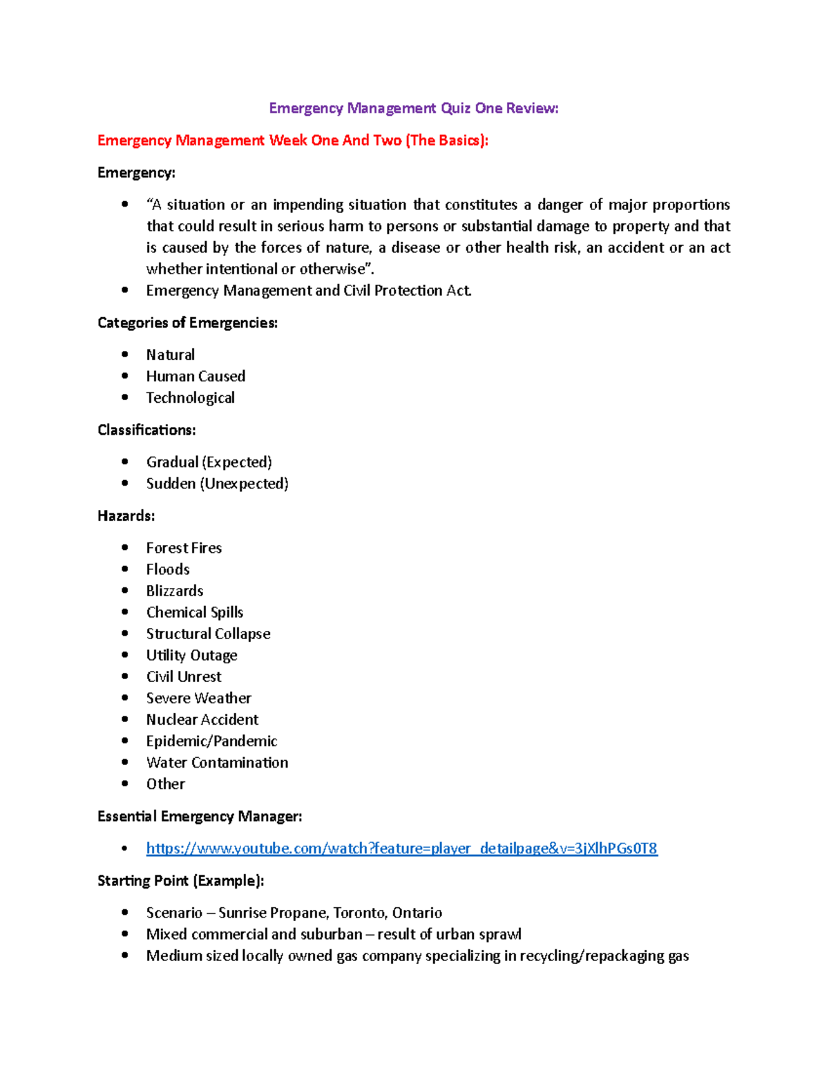 Emergency Management Quiz One Review Emergency Management Quiz One