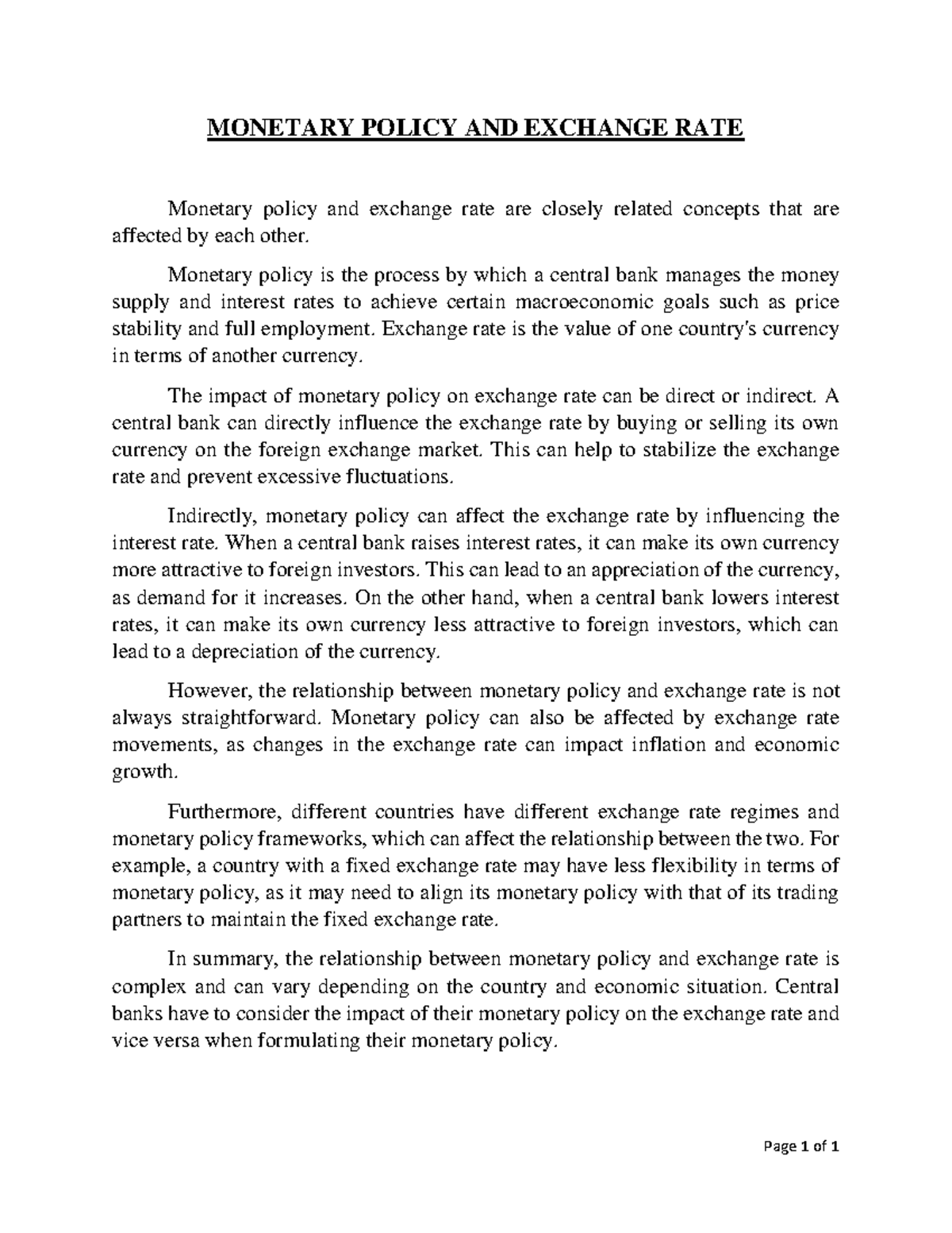 CB1 - Monetary policy and Exchange rate are the key economic concepts ...