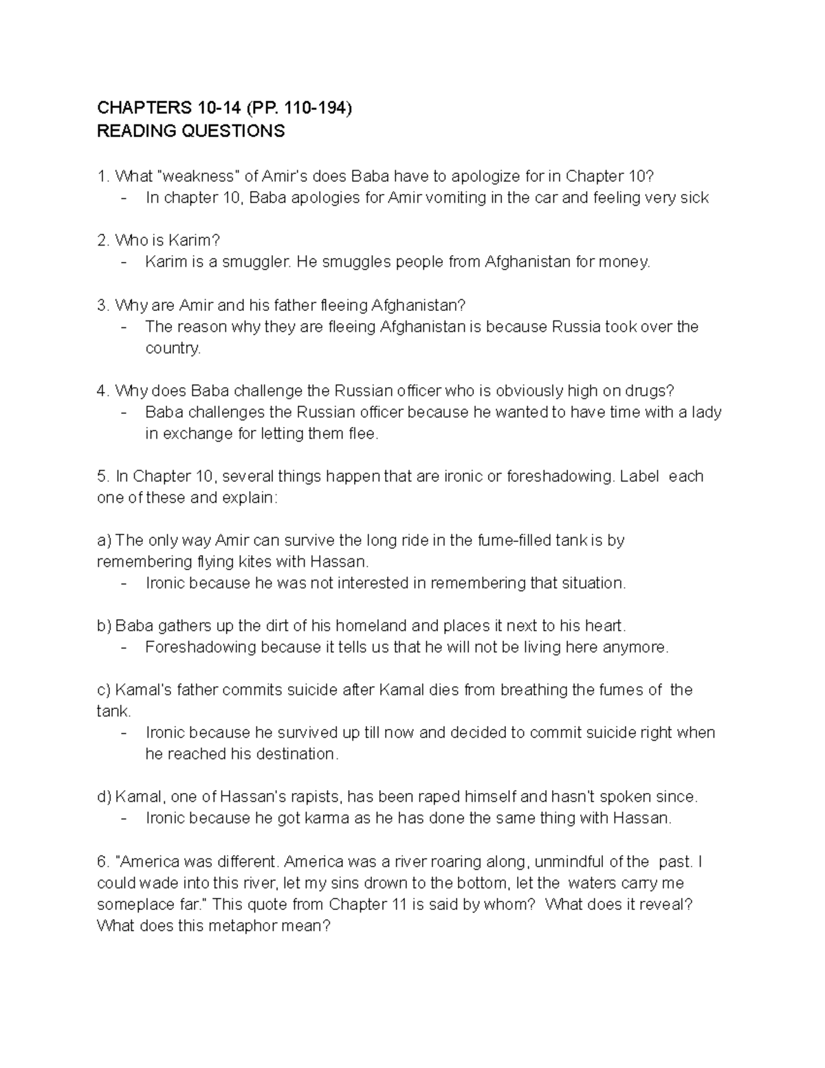 Chapter 1014 The Kite Runner book questions and answers CHAPTERS 10