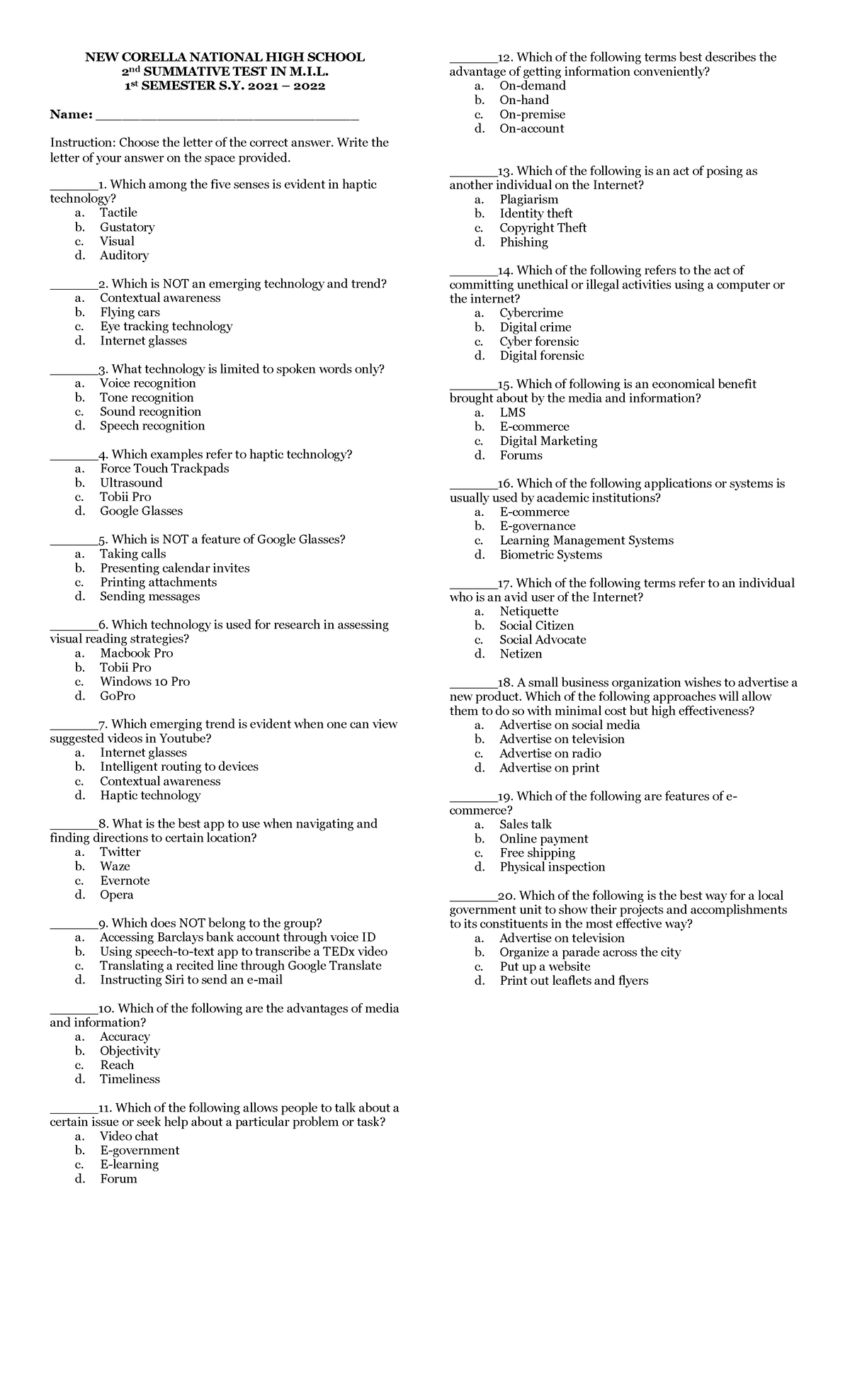 2nd Summative Test in MIL - NEW CORELLA NATIONAL HIGH SCHOOL 2 nd ...