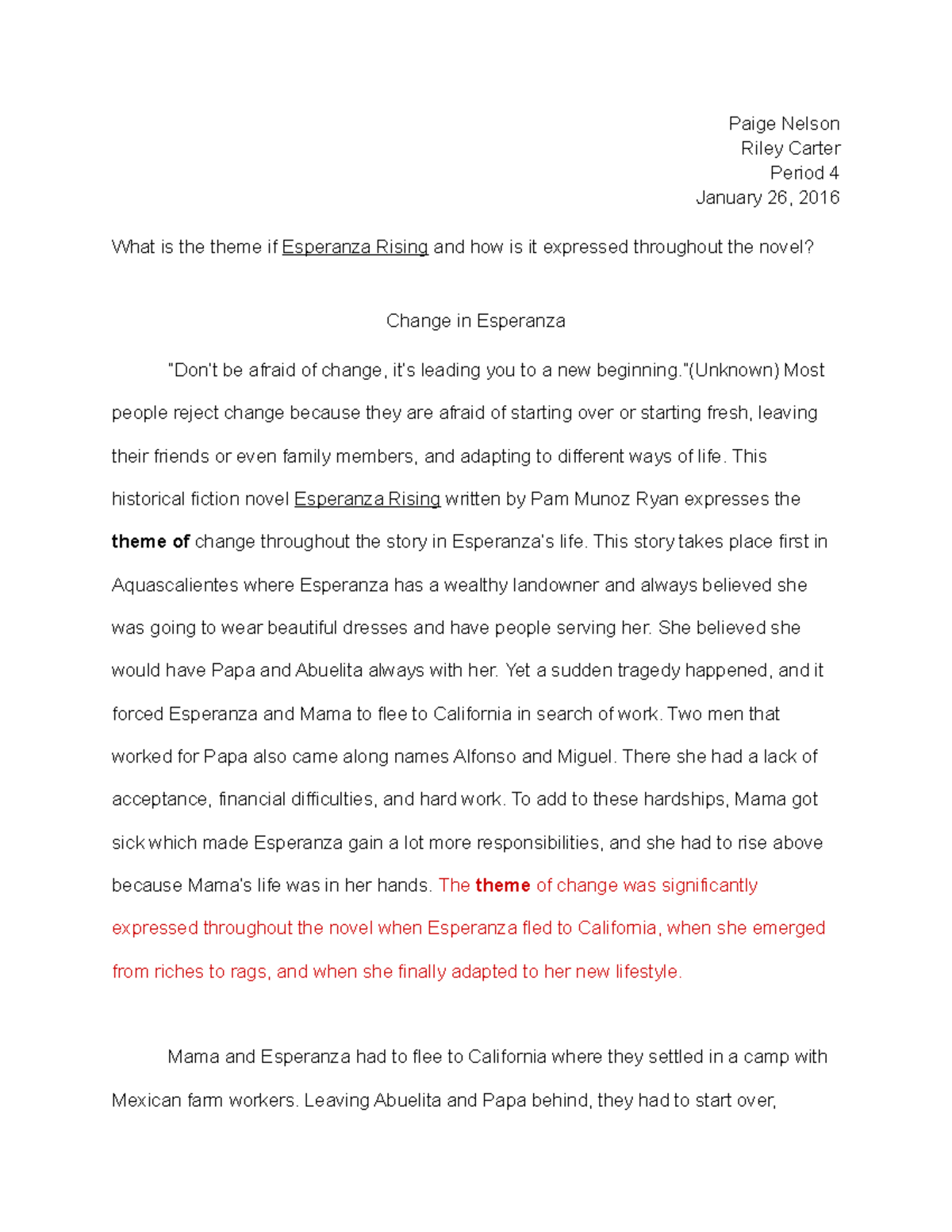 esperanza rising theme essay