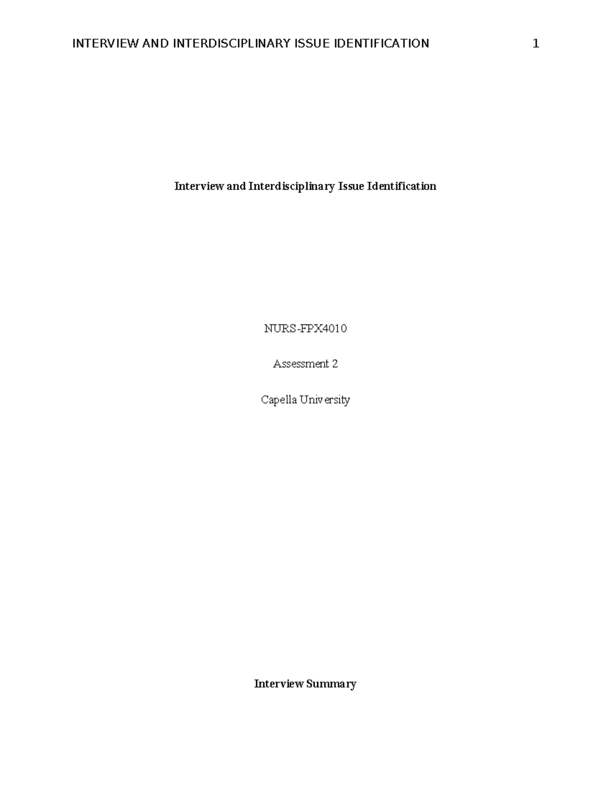 NURS-FPX4010 Assessment 2 Attempt 1 - Interview and Interdisciplinary ...