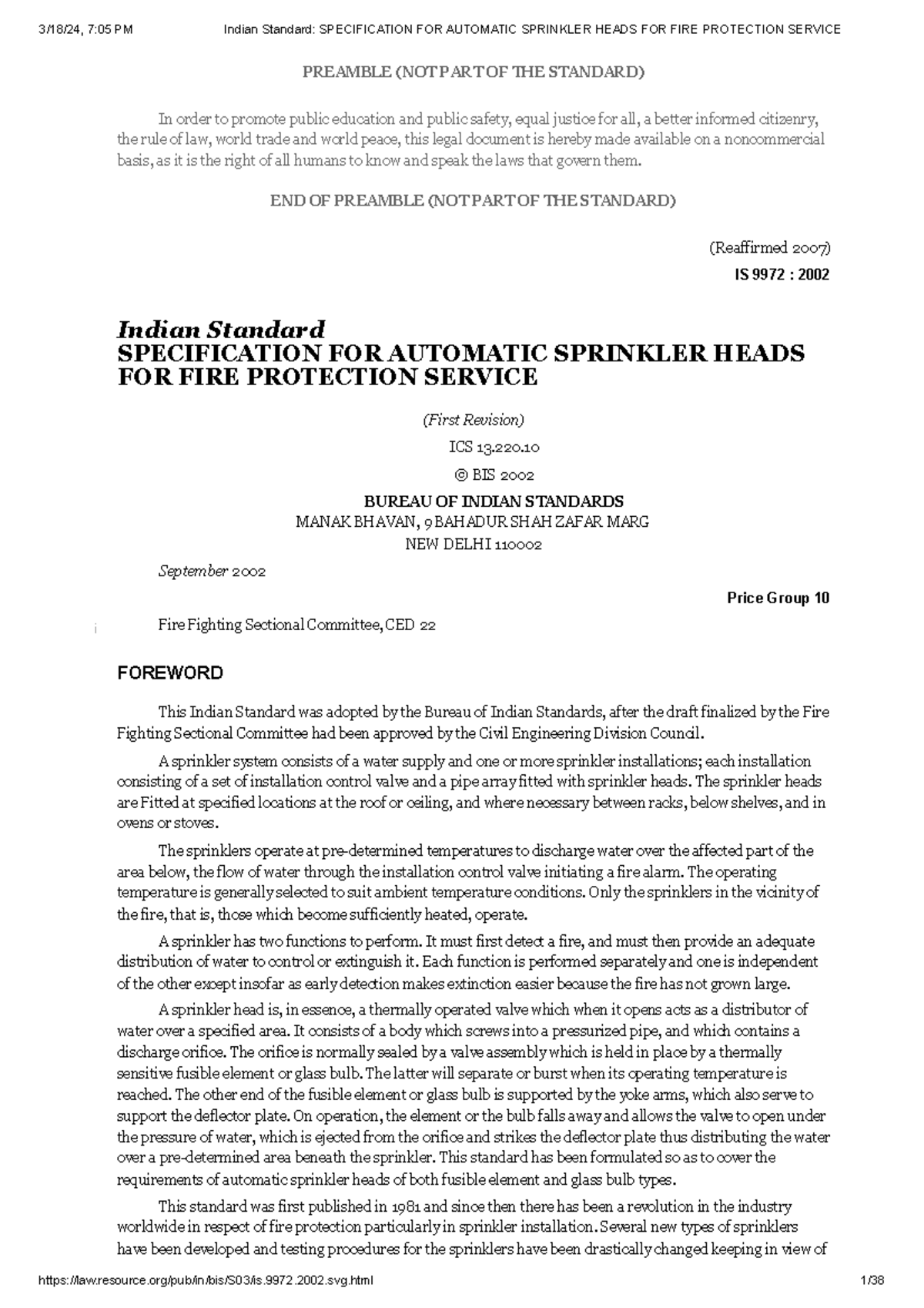 Indian Standard Specification FOR Automatic Sprinkler Heads FOR FIRE ...