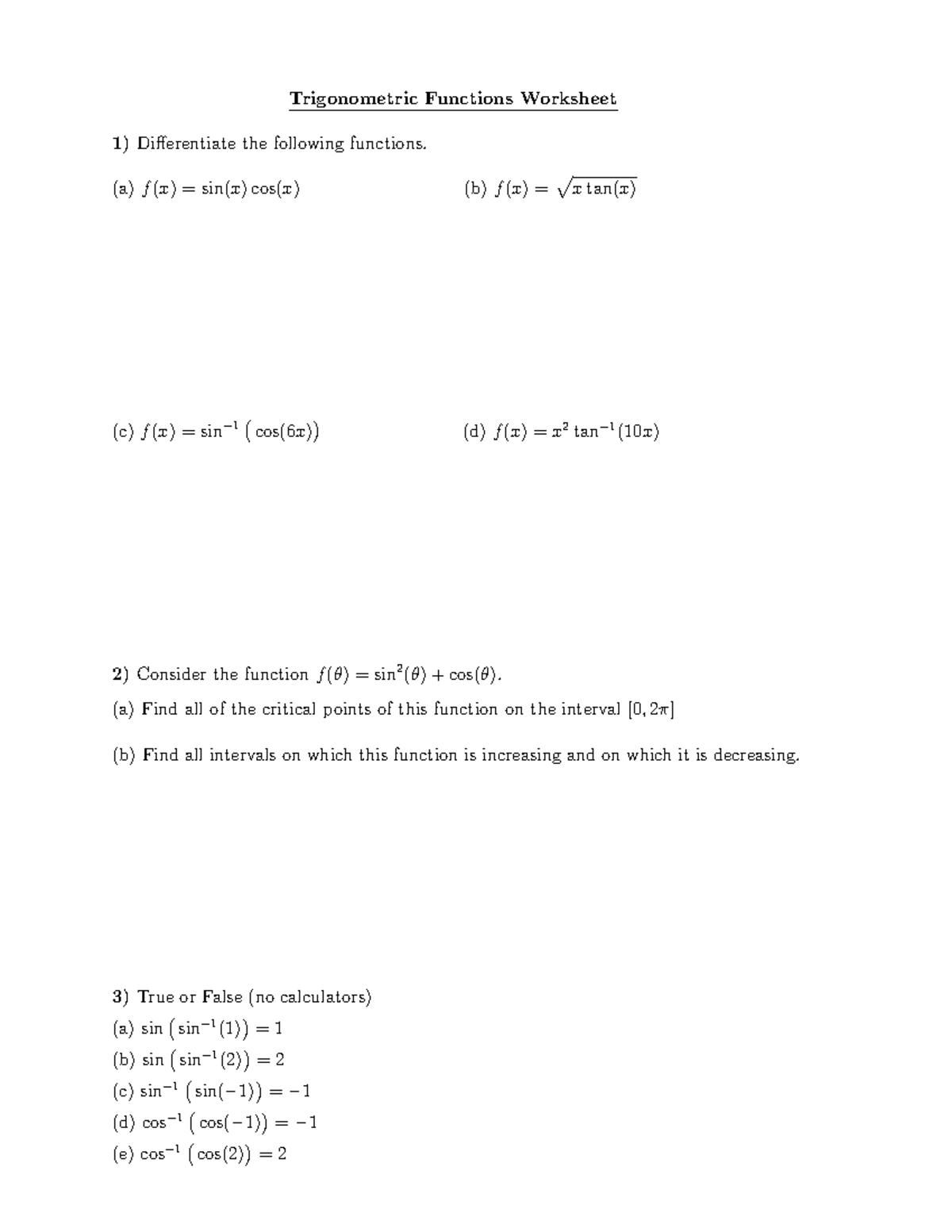 Trig Functions Worksheet - Trigonometric Functions Worksheet ...