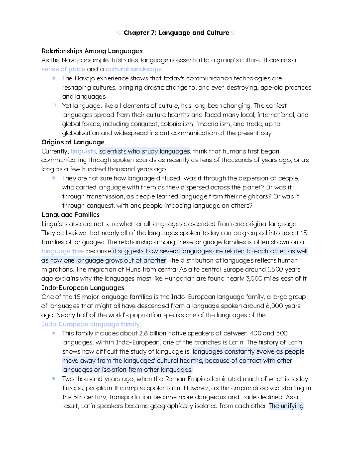 Chapter 7 Notes - ♡ Chapter 7: Language and Culture ♡ Relationships ...