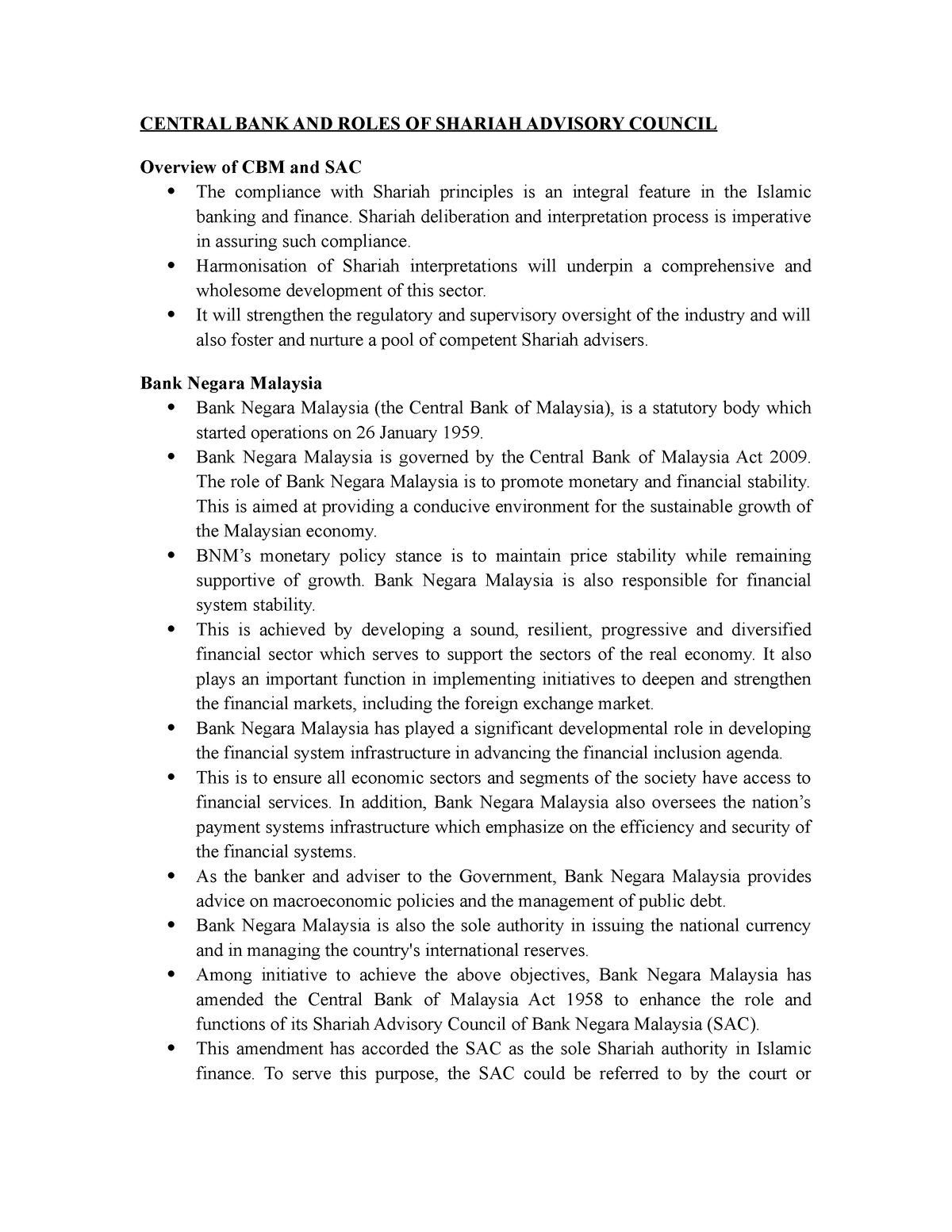 SAC Notes - CENTRAL BANK AND ROLES OF SHARIAH ADVISORY COUNCIL Overview ...