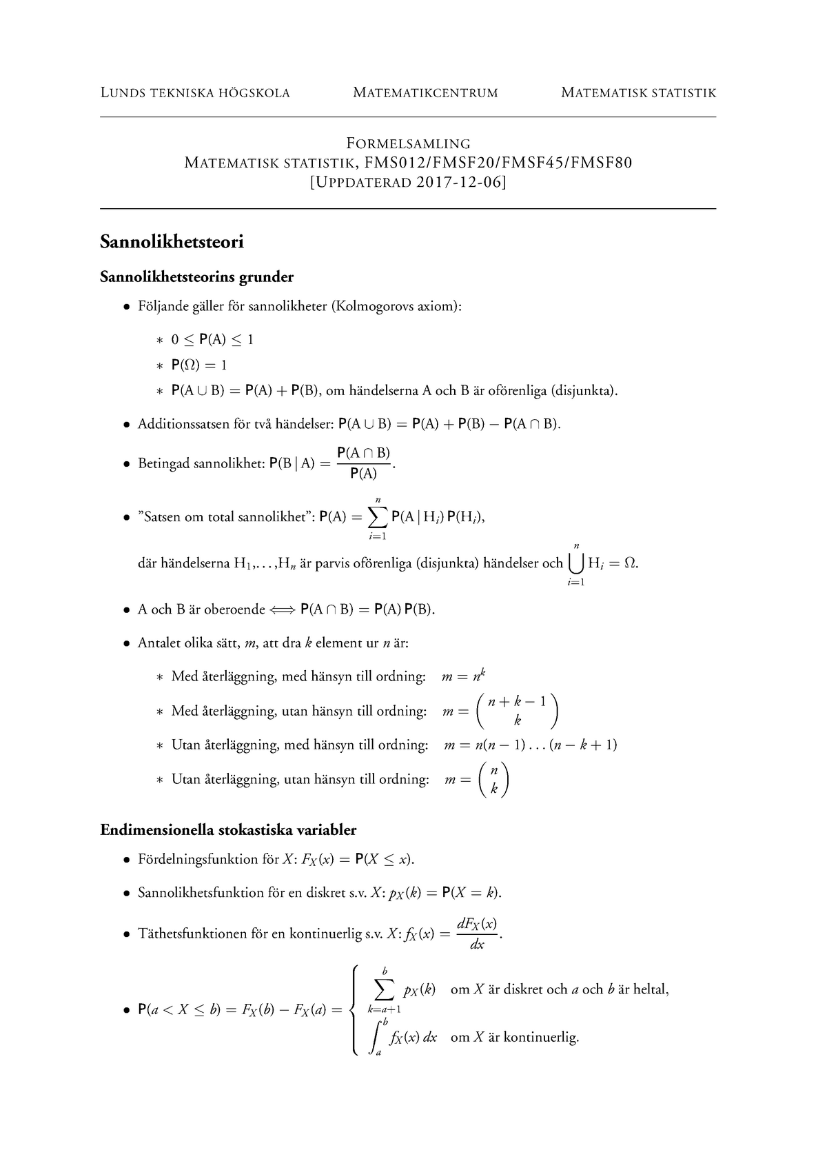 Formelsamling - LUNDS TEKNISKA HÖGSKOLA MATEMATIKCENTRUM MATEMATISK ...