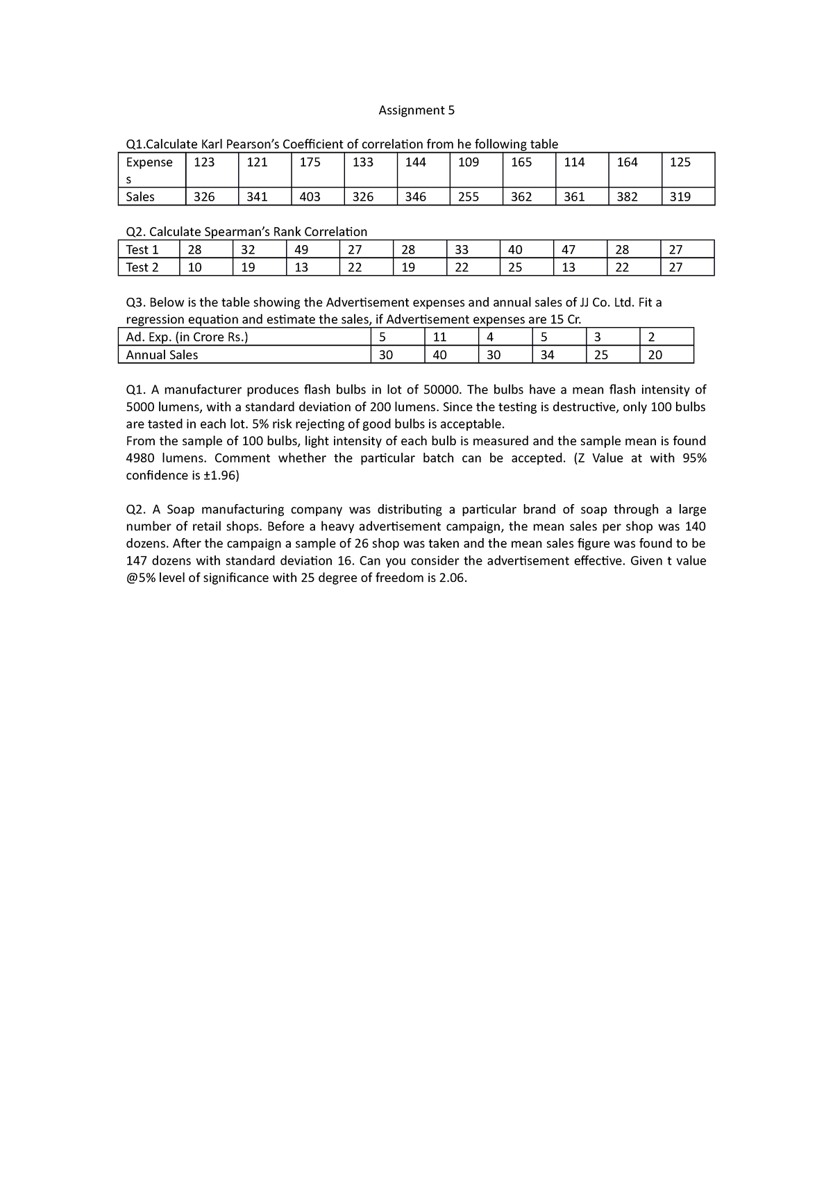 Assignment 5 - Lecture Notes For Students Of BBA Subject Statistics ...