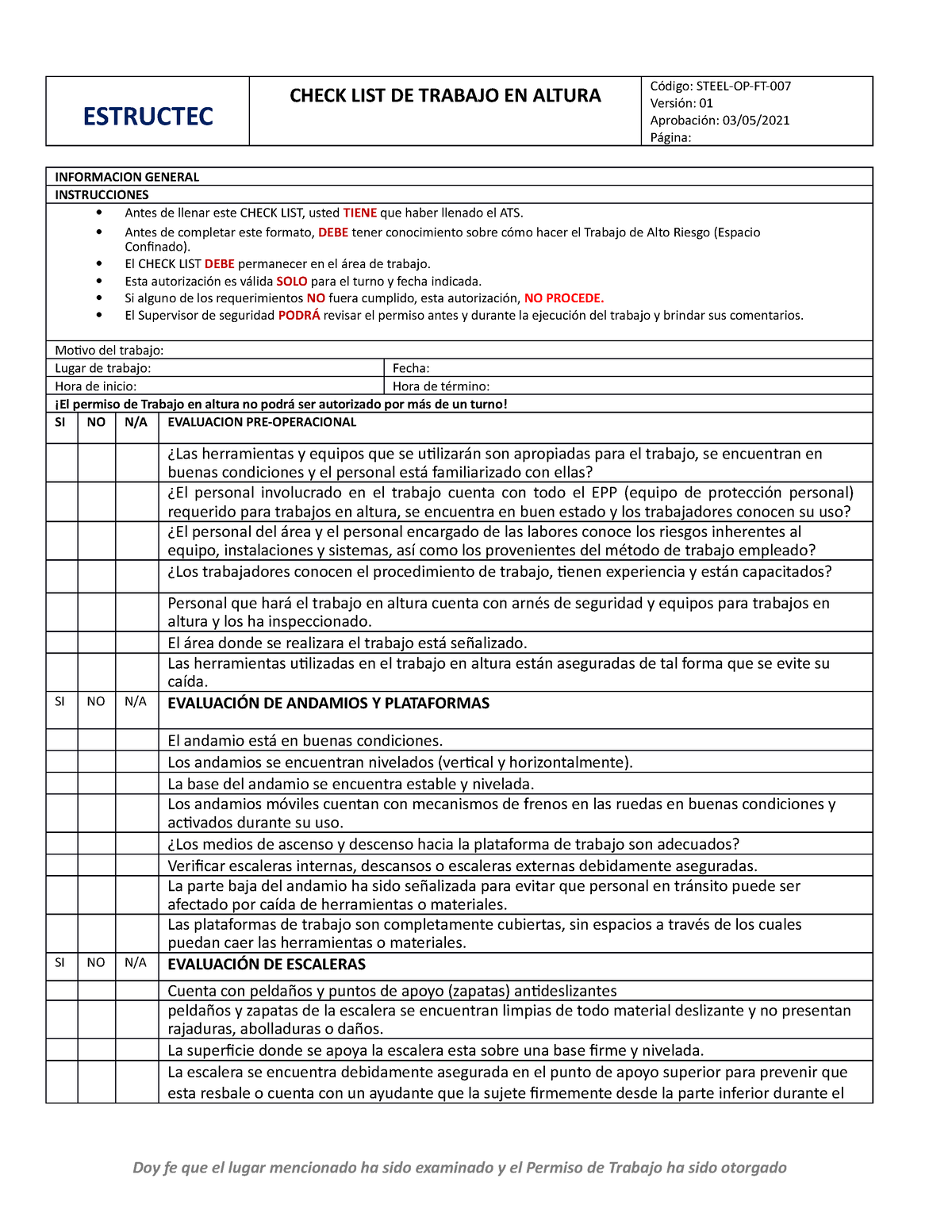 Ft Formato De Checklist De Trabajo En Altura 007 Estructec Check List De Trabajo En Altura 