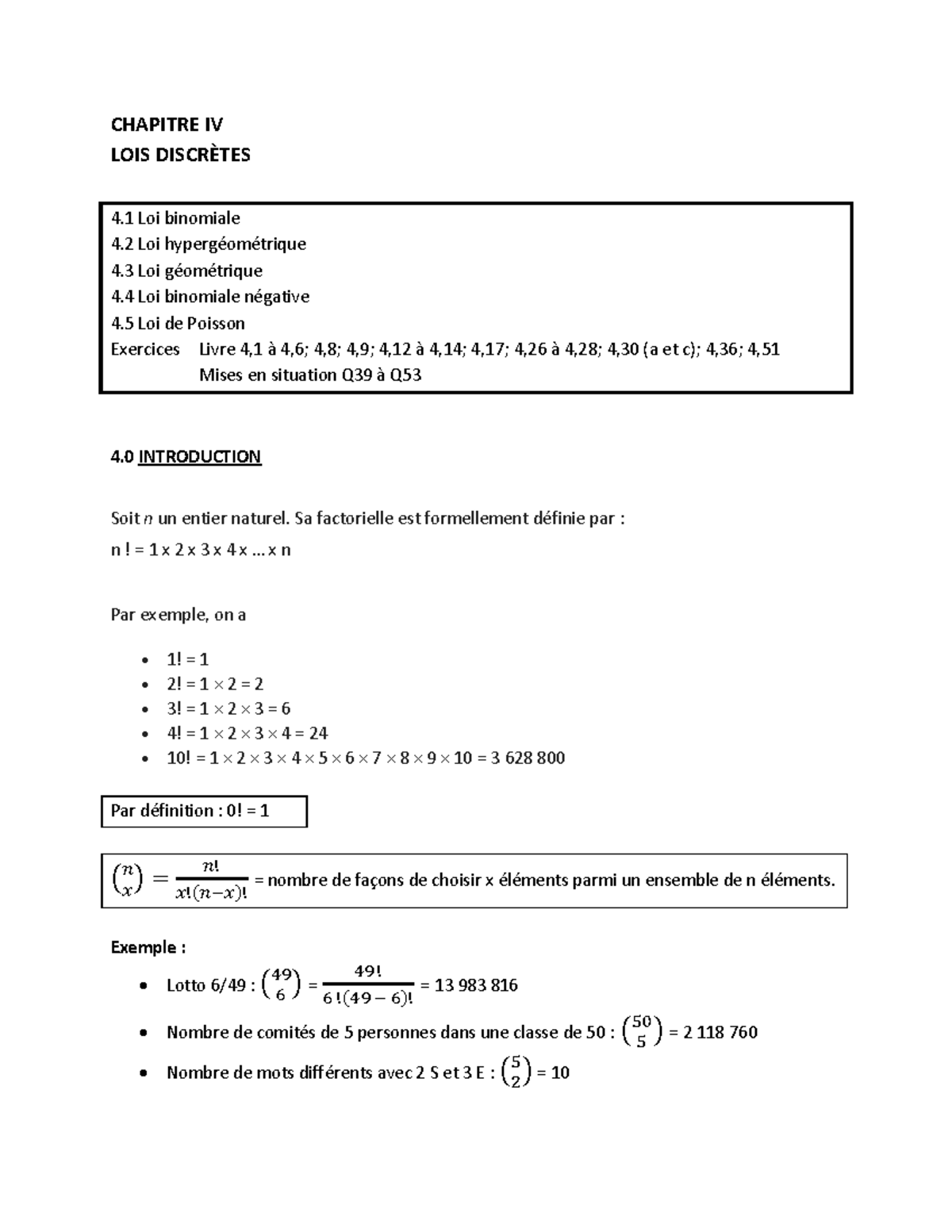 Chapitre IV - MAT2080 - Notes De Cours 4 - CHAPITRE IV LOIS DISCRÈTES 4 ...