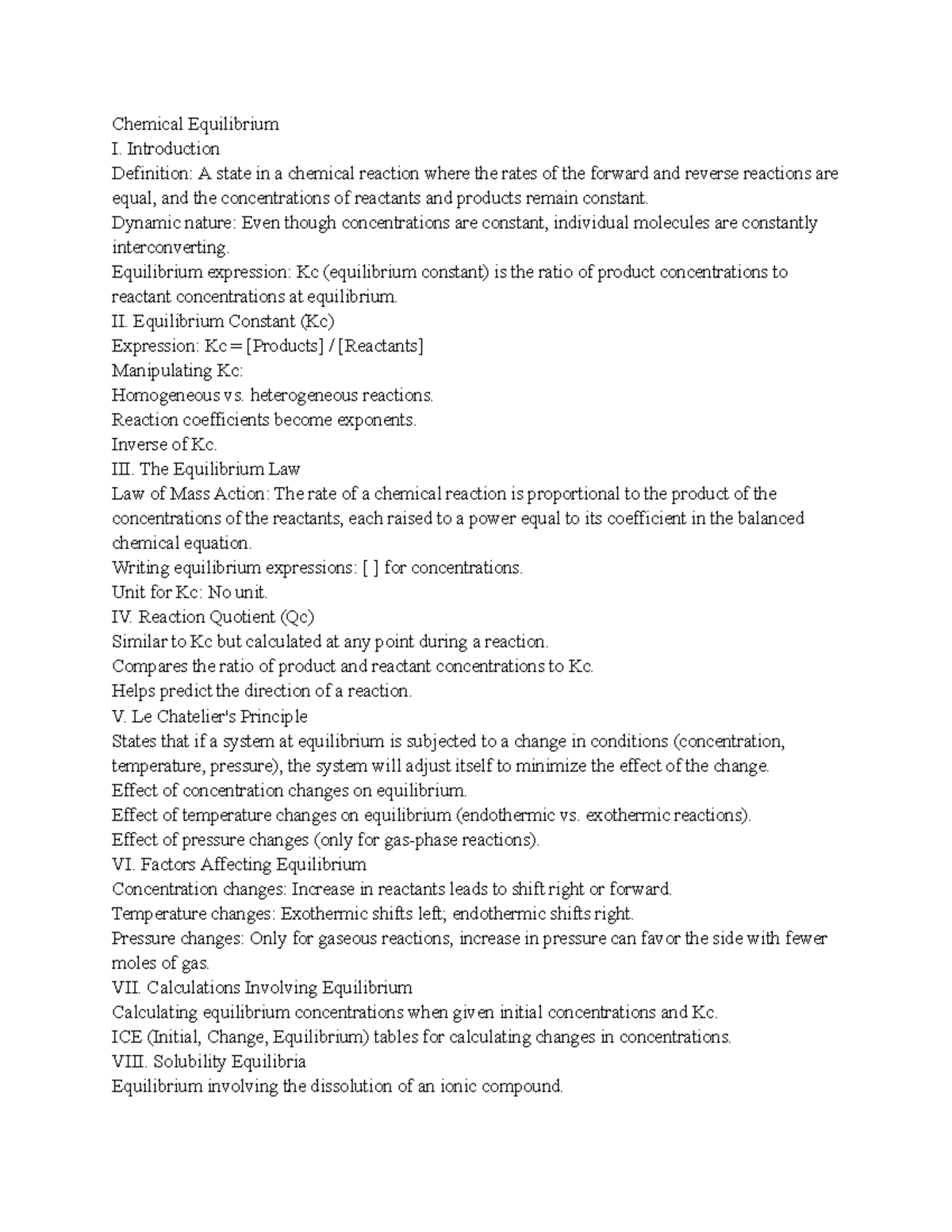 Equilibrium notes - Chemical Equilibrium I. Introduction Definition: A ...