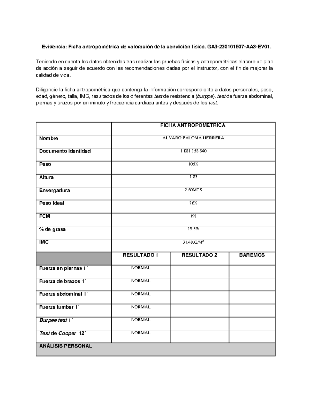 Ficha antropométrica de valoración de la condición física GA3 230101507 AA3 EV01 Evidencia