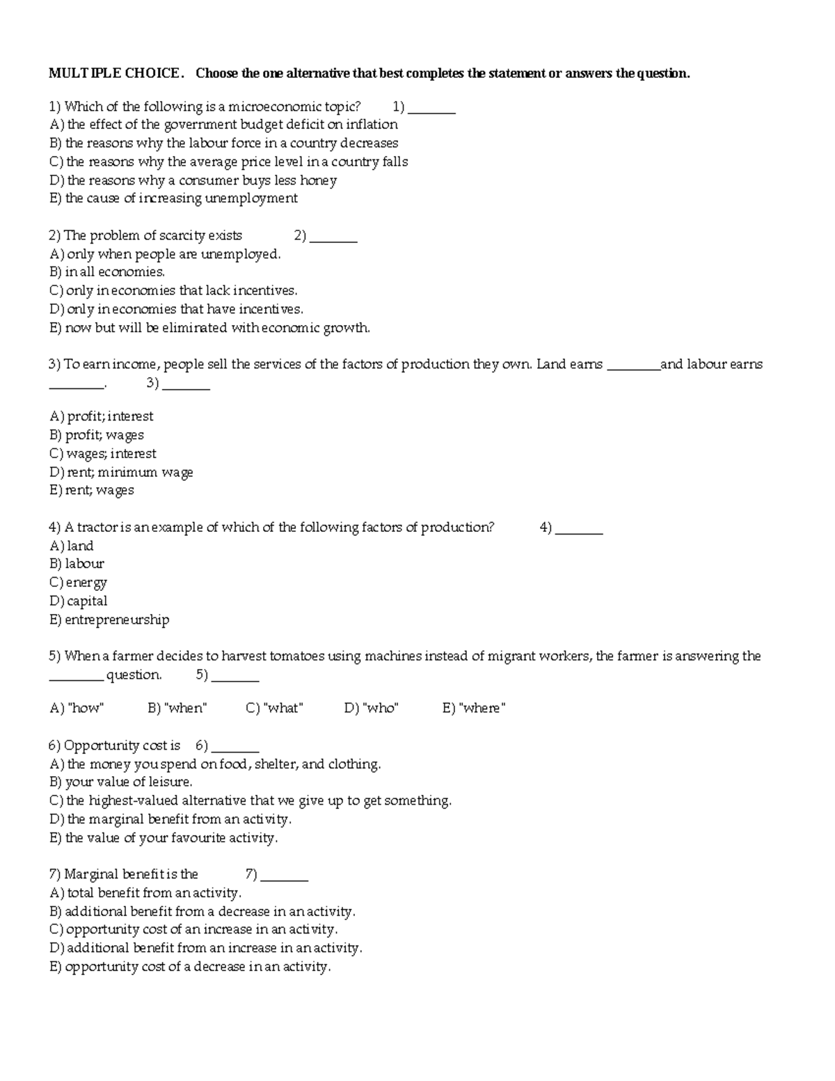Test1Practice - practice questions - MULTIPLE CHOICE. Choose the one ...