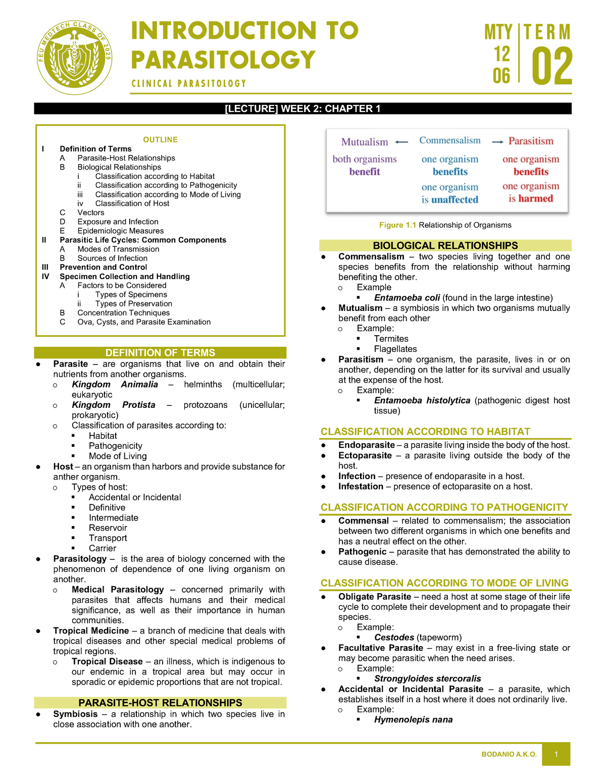 Mty1206 Lec 1 Introduction To Parasitology Lecture Week 2 Chapter 1 Outline I Definition Of 6655