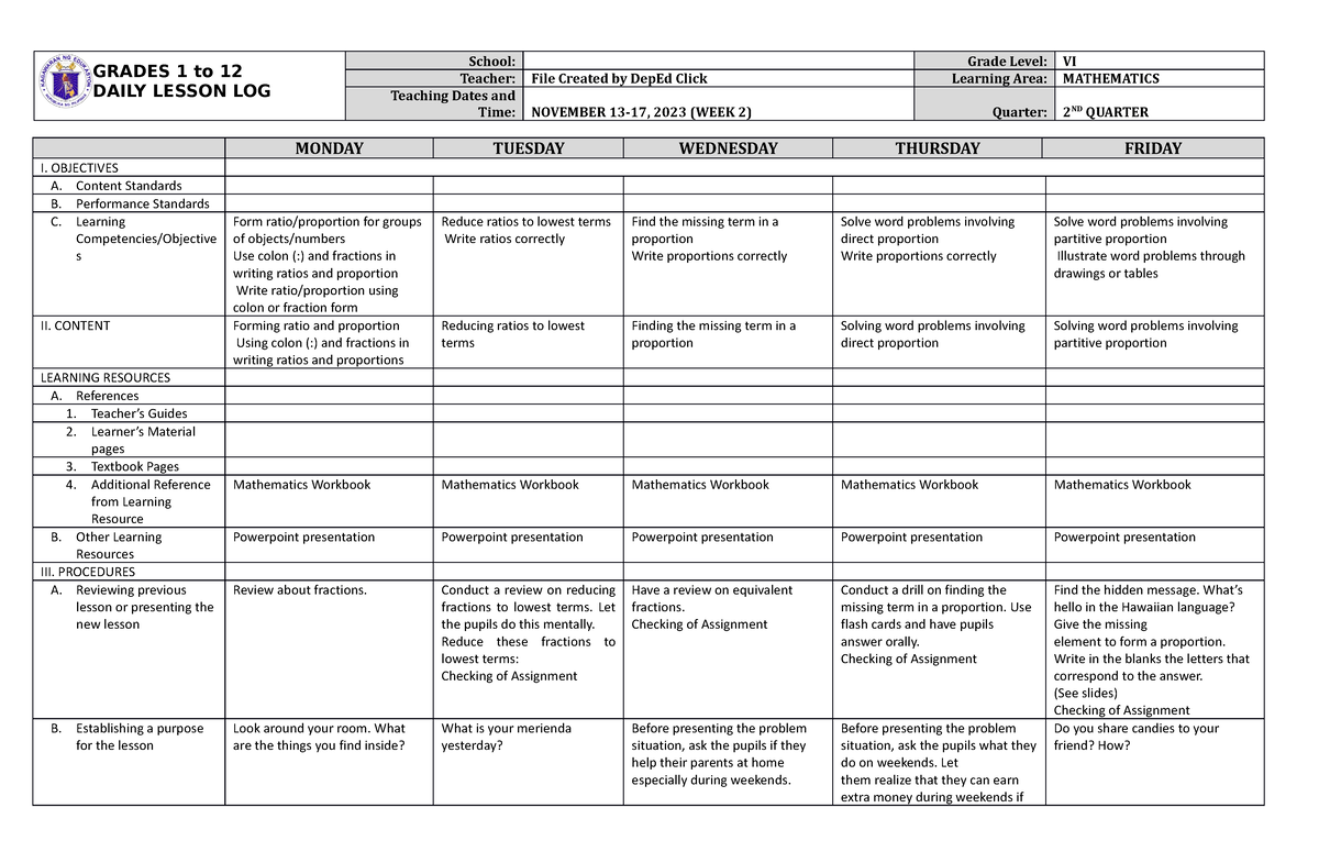 DLL Mathematics 6 Q2 W2 - DLL - GRADES 1 to 12 DAILY LESSON LOG School ...