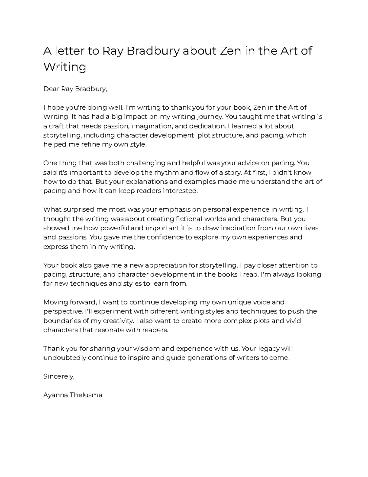 A letter to Ray Bradbury about Zen in the Art of Writing 4 12 A