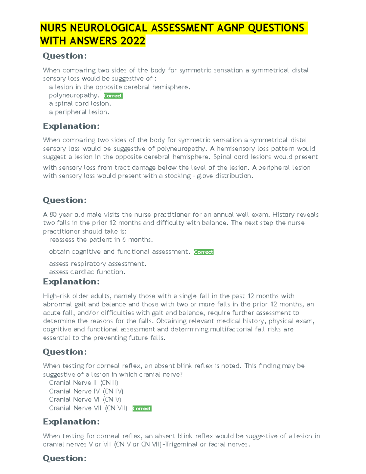 AGNP Board EXAM Questions Neurology Assessment - WITH ANSWERS 2022 ...