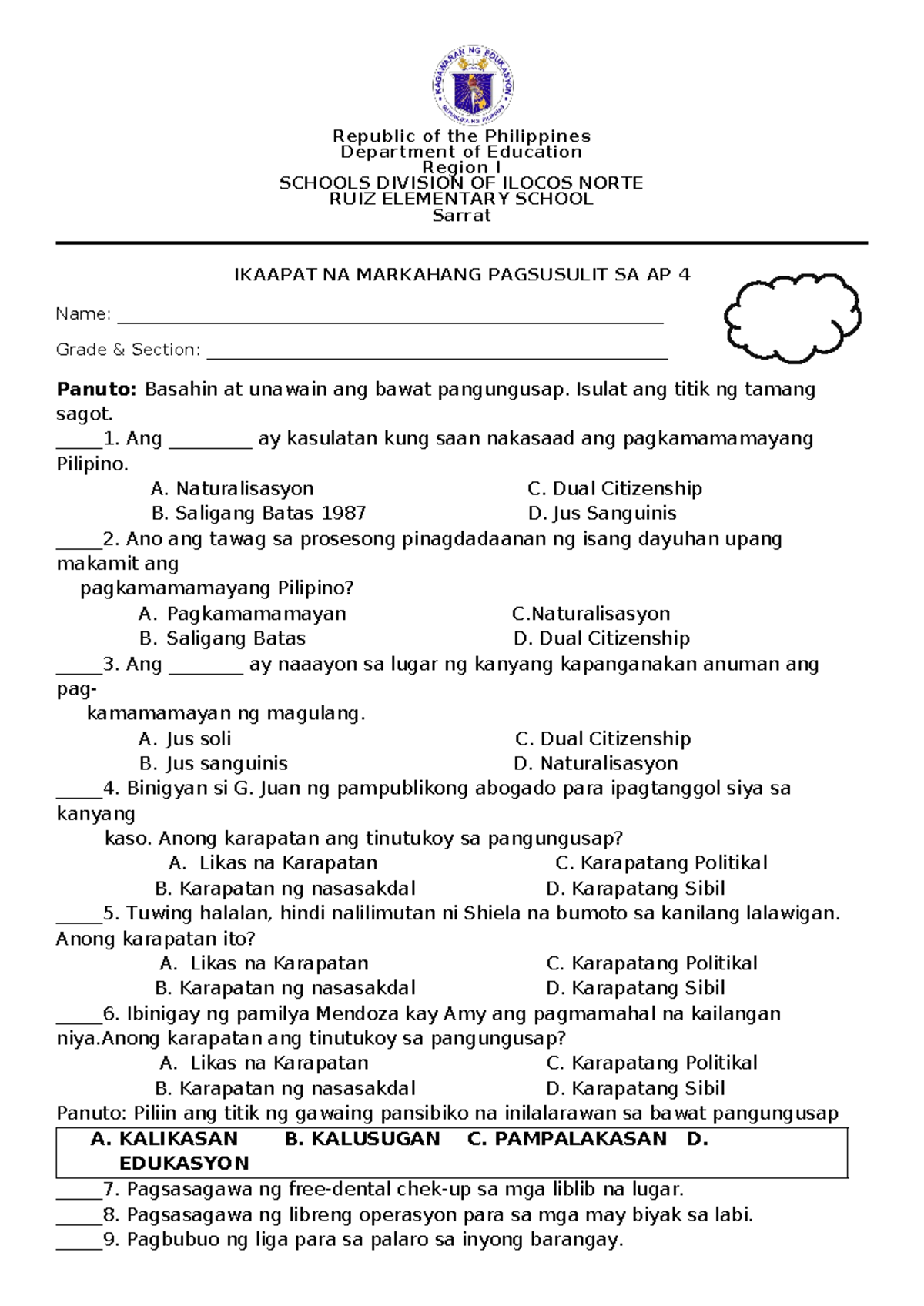 4th Periodical Test in AP 4 - Republic of the Philippines Department of ...