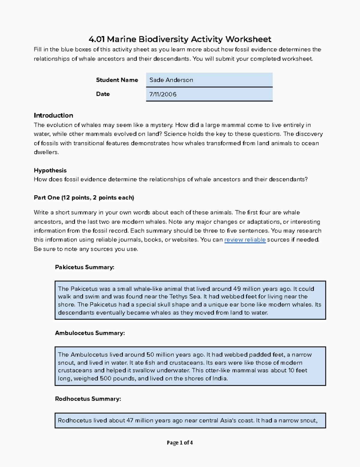 Copy of 4.01 Assignment fixed - 4 Marine Biodiversity Activity Worksheet  Fill in the blue boxes of - Studocu