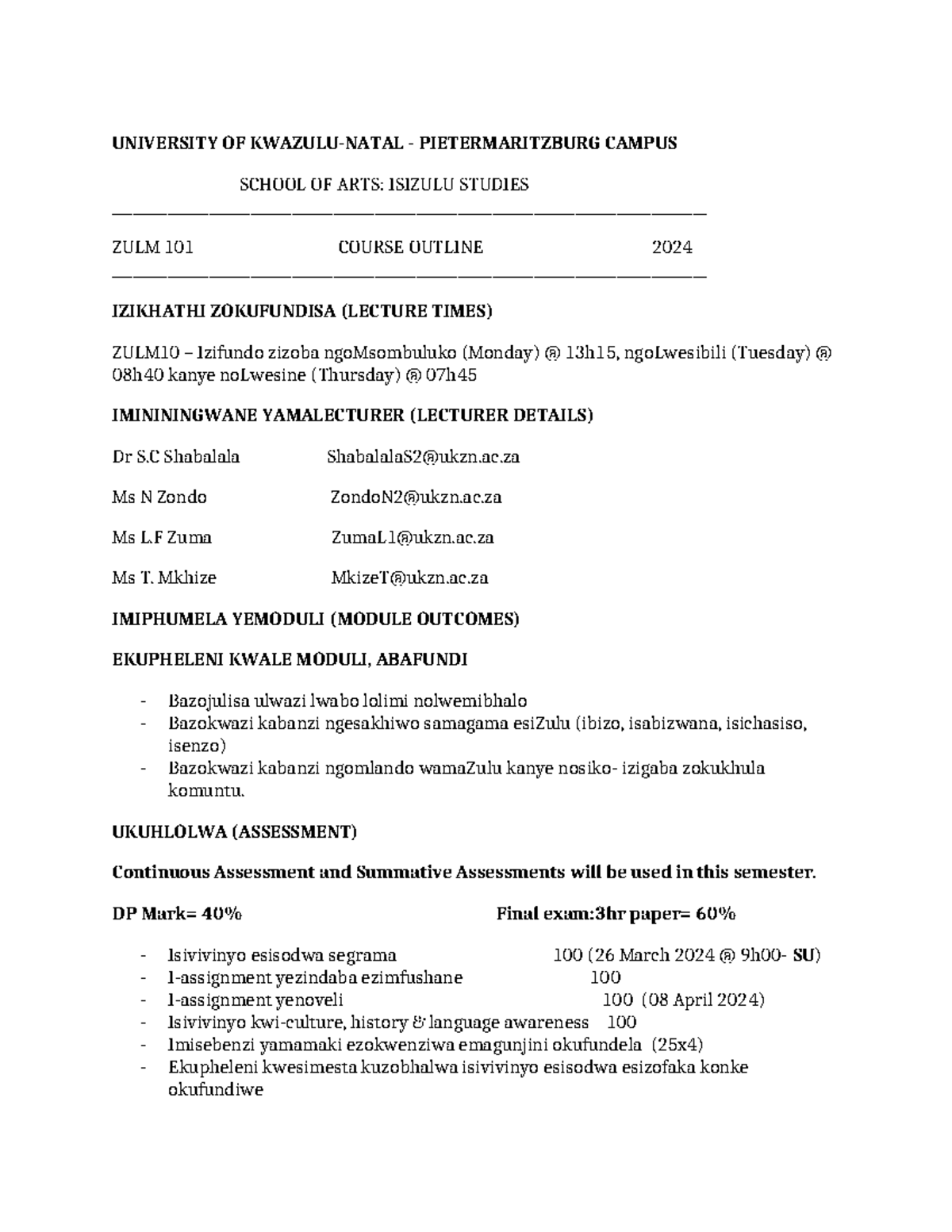 ZULM101- Course Outline 2024 (5) - UNIVERSITY OF KWAZULU-NATAL ...